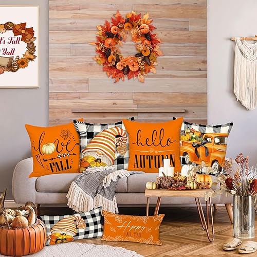 Miniatura 5 de Ywlake Juego de 4 fundas de almohada de otoño de 18 x 18 pulgadas, fundas decorativas de gnomo de calabaza, fundas decorativas para cojín de otoño