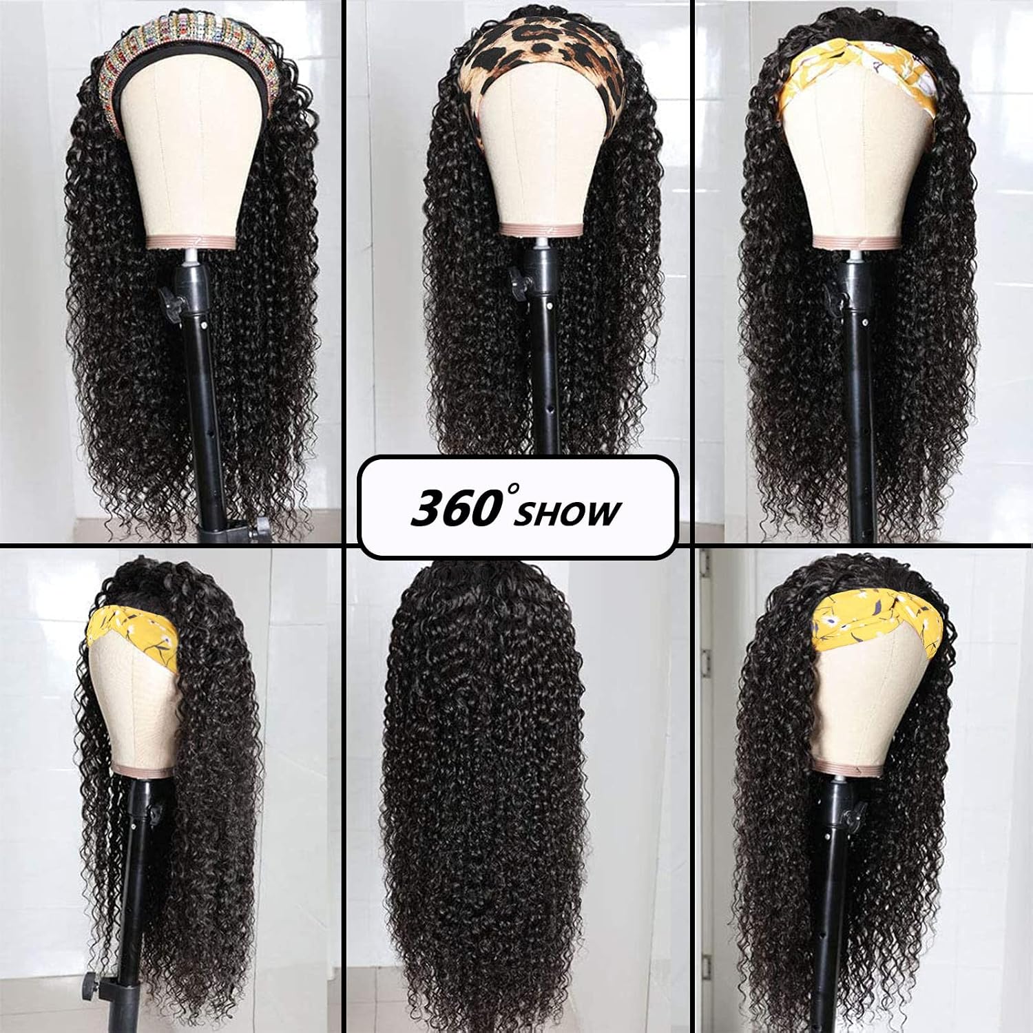 G&T Headband Wig Human Hair 28 inch Curly Headband Wigs for Black Women 180% Density Glueless Wear and Go Wig 100% Brazilian Human Hair Curly Wave Headband Wigs Natural Color