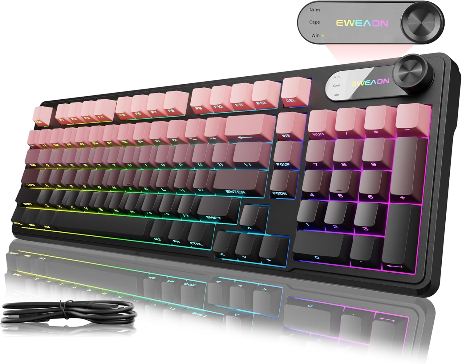 V102 Wired Keyboard, 98 Keys Creamy Gaming Keyboard with Number Pad, Display Screen & Media Knob RGB Silent Wired Cute Computer Keyboard for Laptop PC Gamer-Black Pink