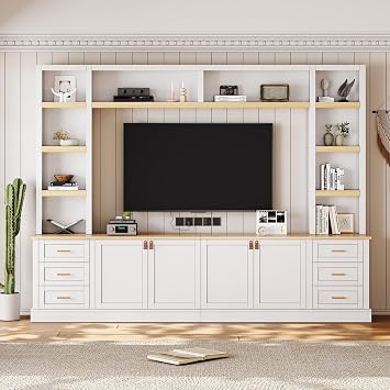 LUMISOL 4-Piece Entertainment Center Wall Unit for TVs up to 75", Farmhouse Large TV Stand with Bookshelves, 6 Drawers & Adjustable Shelves, Rustic Large Media Console for Living Room, White