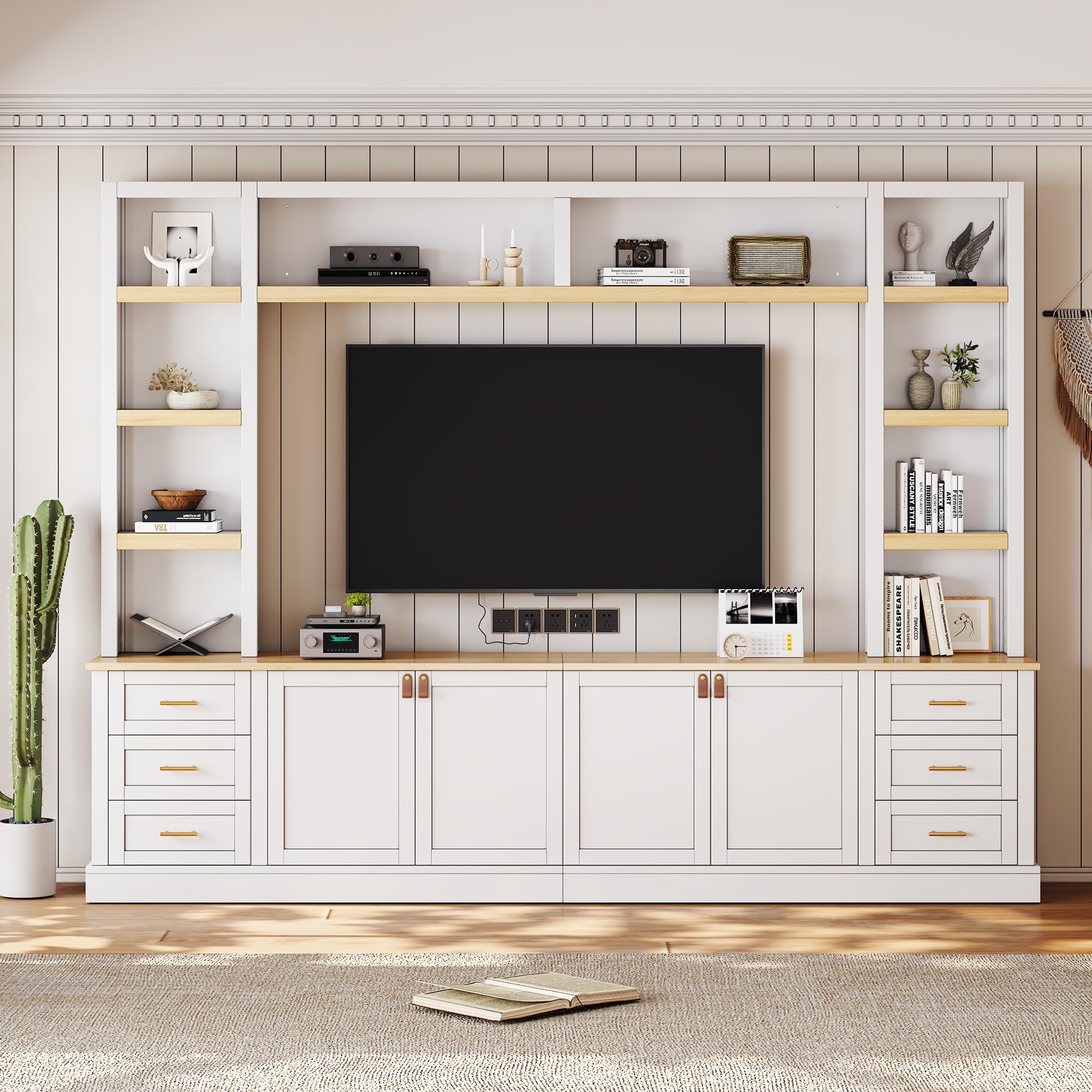 Photo 1 of LUMISOL 4-Piece Entertainment Center Wall Unit for TVs up to 75", Farmhouse Large TV Stand with Bookshelves, 6 Drawers & Adjustable Shelves, Rustic Large Media Console for Living Room, White