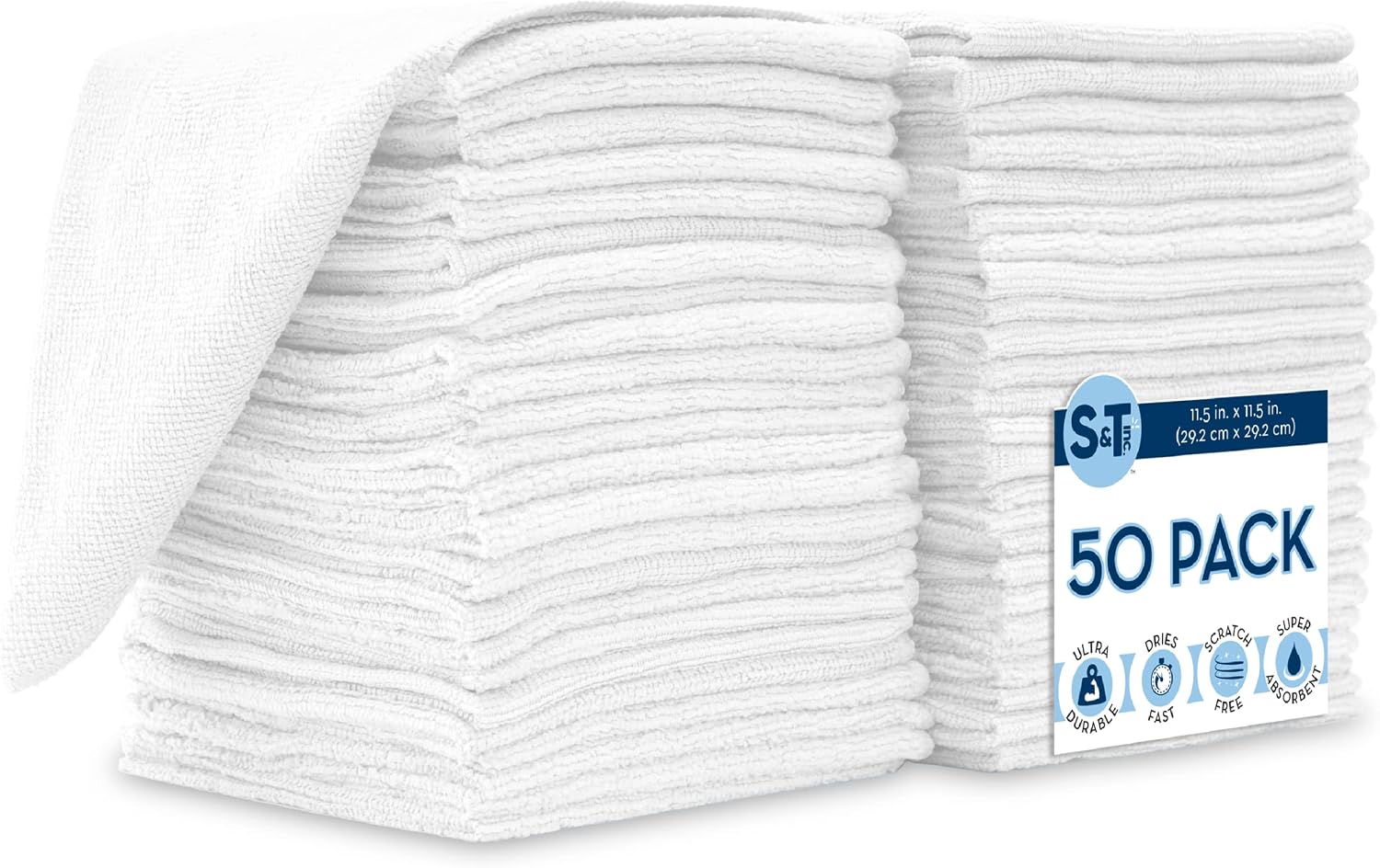 S&T INC. Microfiber Cleaning Cloth for Home, Bulk Cleaning Towels for Housekeeping, Reusable and Lint Free Cloth Towels for Car, White, 11.5 Inch x 11.5 Inch, 50 Pack