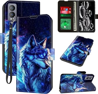 for Cricket Magic 5G Phone Case,AT&T Propel 5G Phone Case with Card Holder Slots & Kickstand & Wrist Strap Wallet Flip Folio Leather Magnetic Protective Shockproof Cover,Blue Glitter Wolf