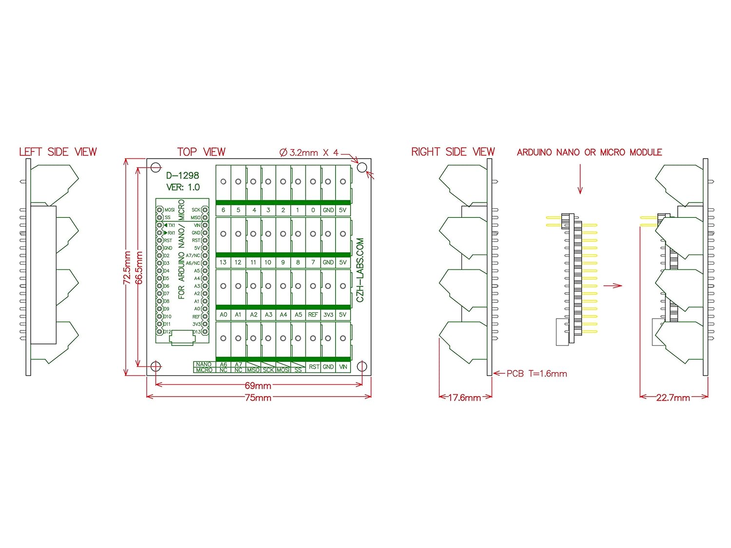 Screw Terminal Block Breakout Module Board for Arduino Nano/Micro.