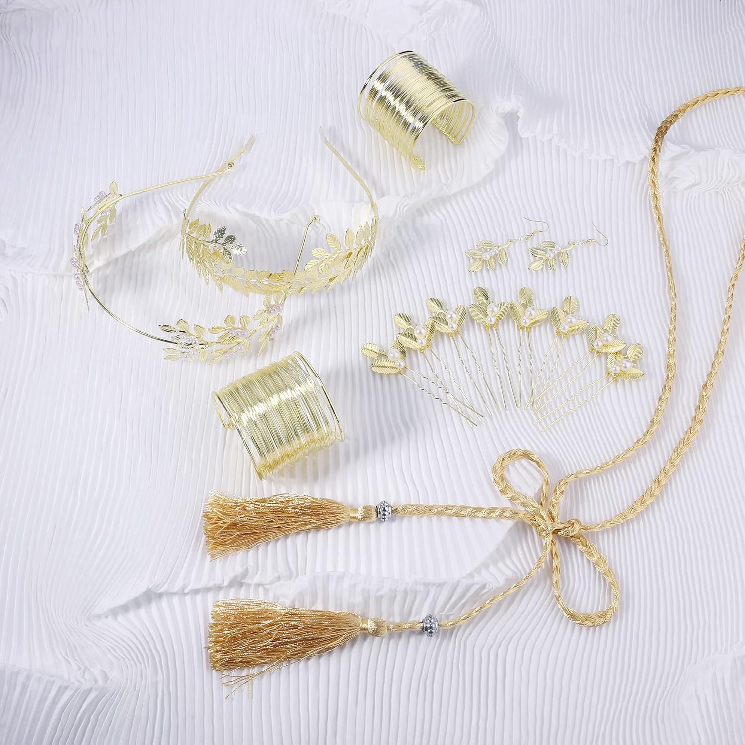 HAIAISO 14 Pcs Greek Goddess Costume Accessories Set Laurel Leaves Crown Upper Arm Coil Bracelet Hair Headpiece Artificial Pearl Earrings Necklace Toga Waist Belt for Women Party Bridal Wedding - Image 3