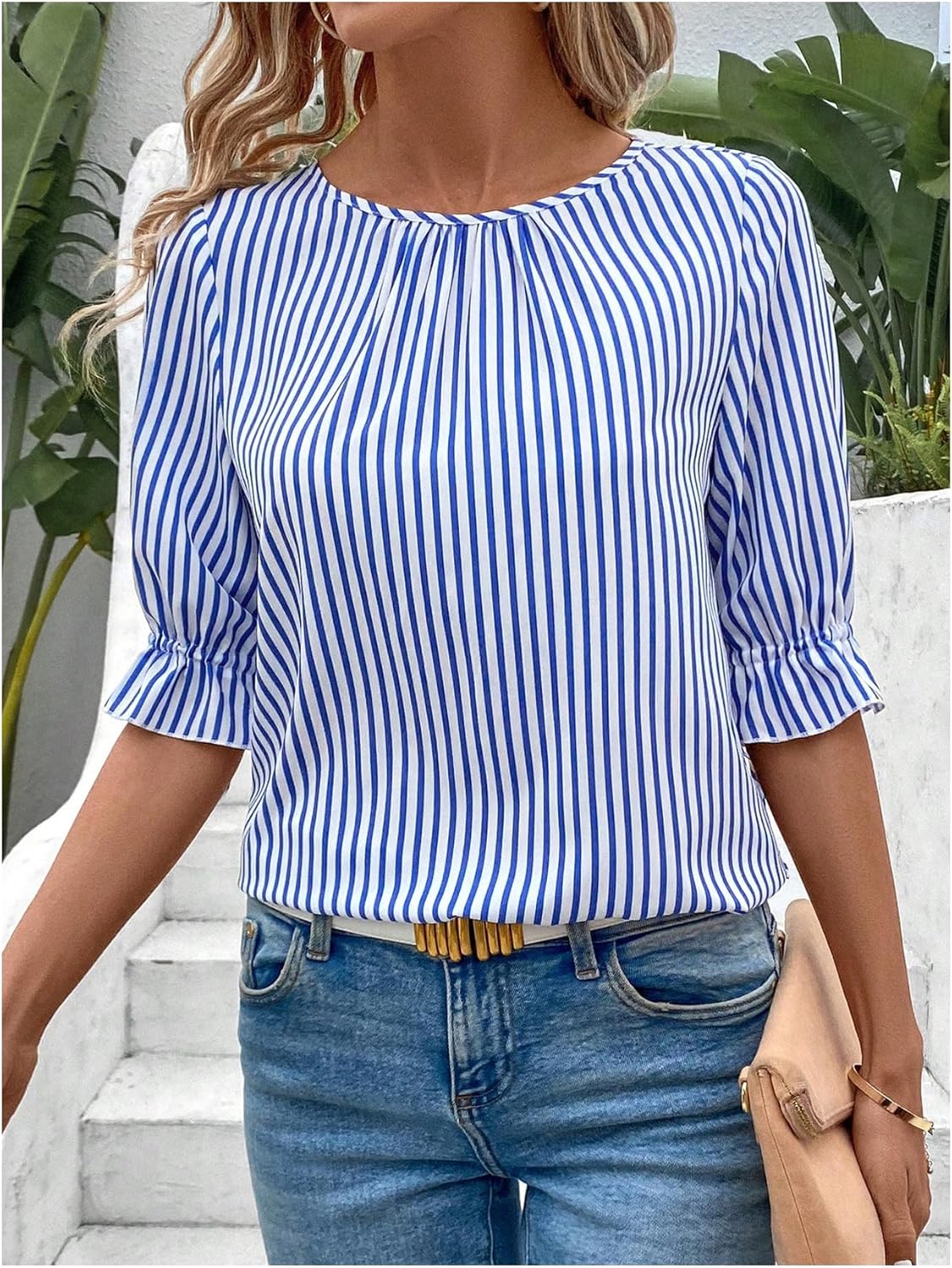 SweatyRocks Women's Button Back Decor Half Sleeve Crewneck Striped Blouse Tops - Image 4