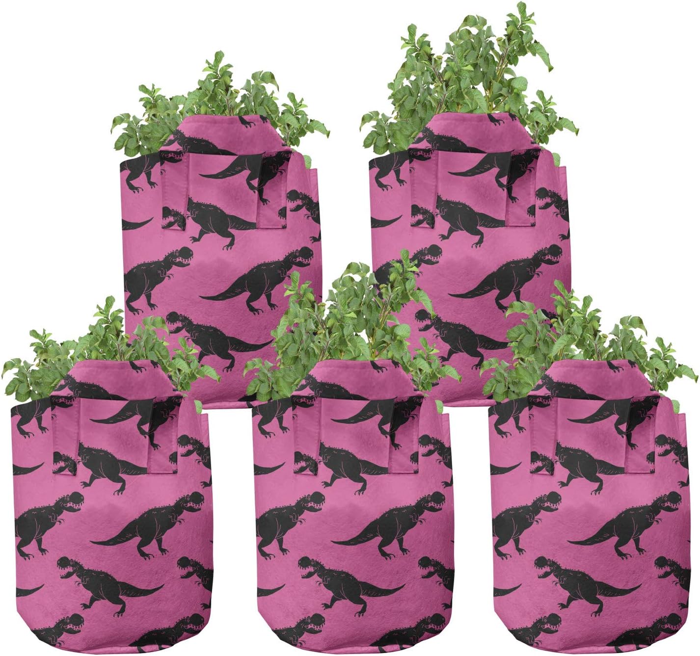 Lunarable Jurassic Grow Bags 5-Pack, Pop Art Dinosaurs Walking, Heavyduty Fabric Pots with Handles for Plants, 7 Gallon, Pink Black