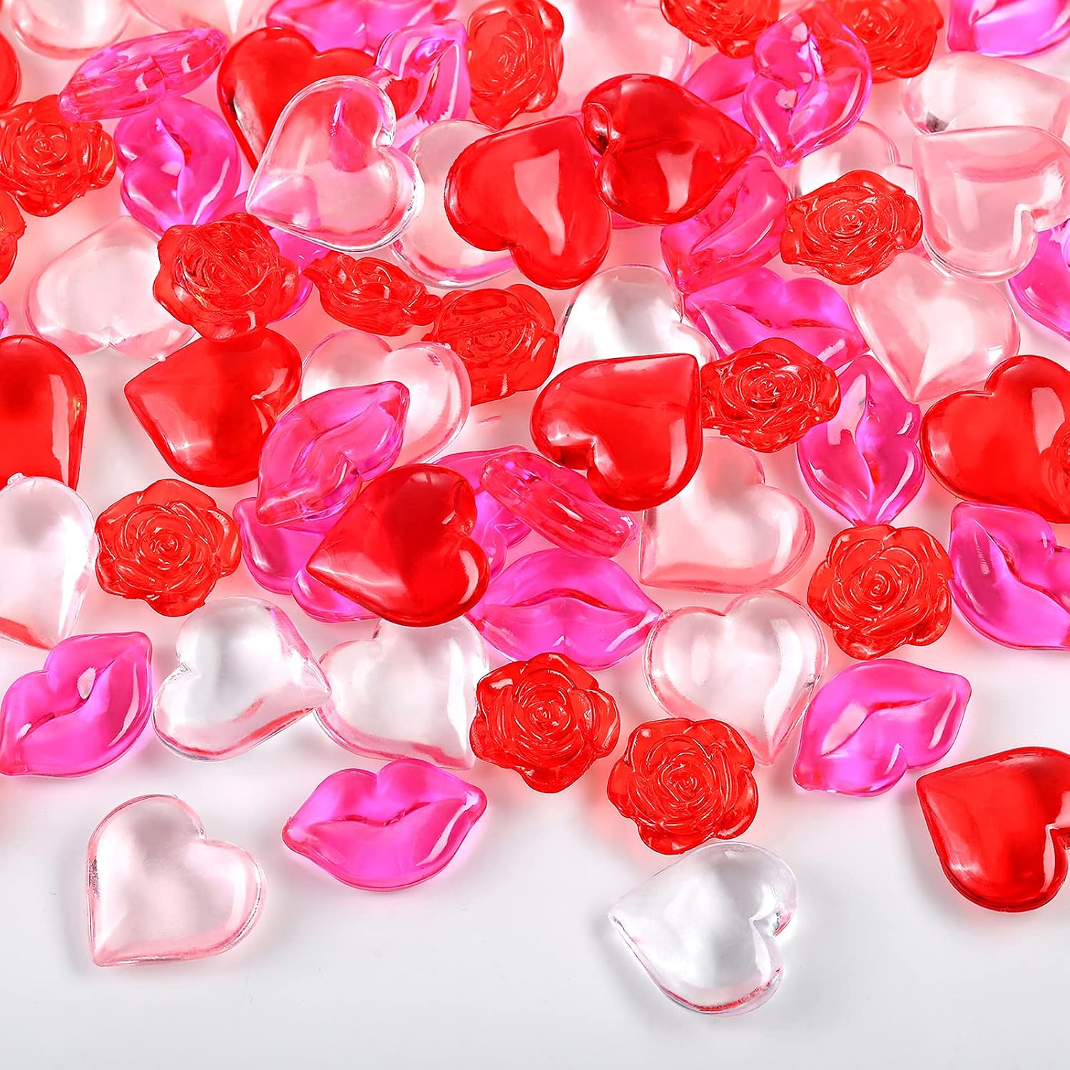 Deekin 240 Pcs Mini Heart Vase Filler Acrylic Table Scatter Heart Ornaments Mini Lips Small Rose Flower Beads Table Scatter for Engagement Wedding Anniversary Party