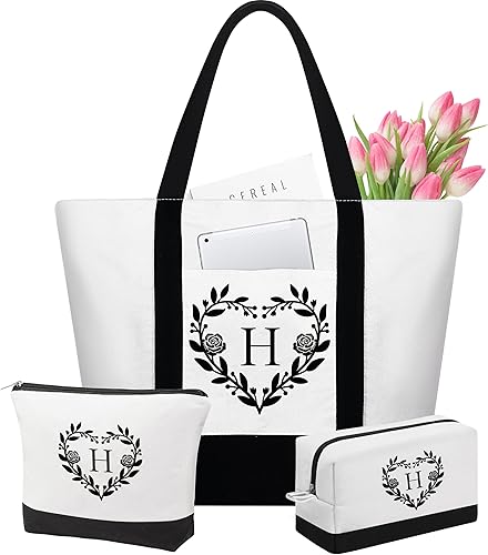 YOOLIFE Bolsa de lona con iniciales para mujer, 2 bolsas de maquillaje, regalos personalizados, regalos para profesores, regalos de cumpleaños para