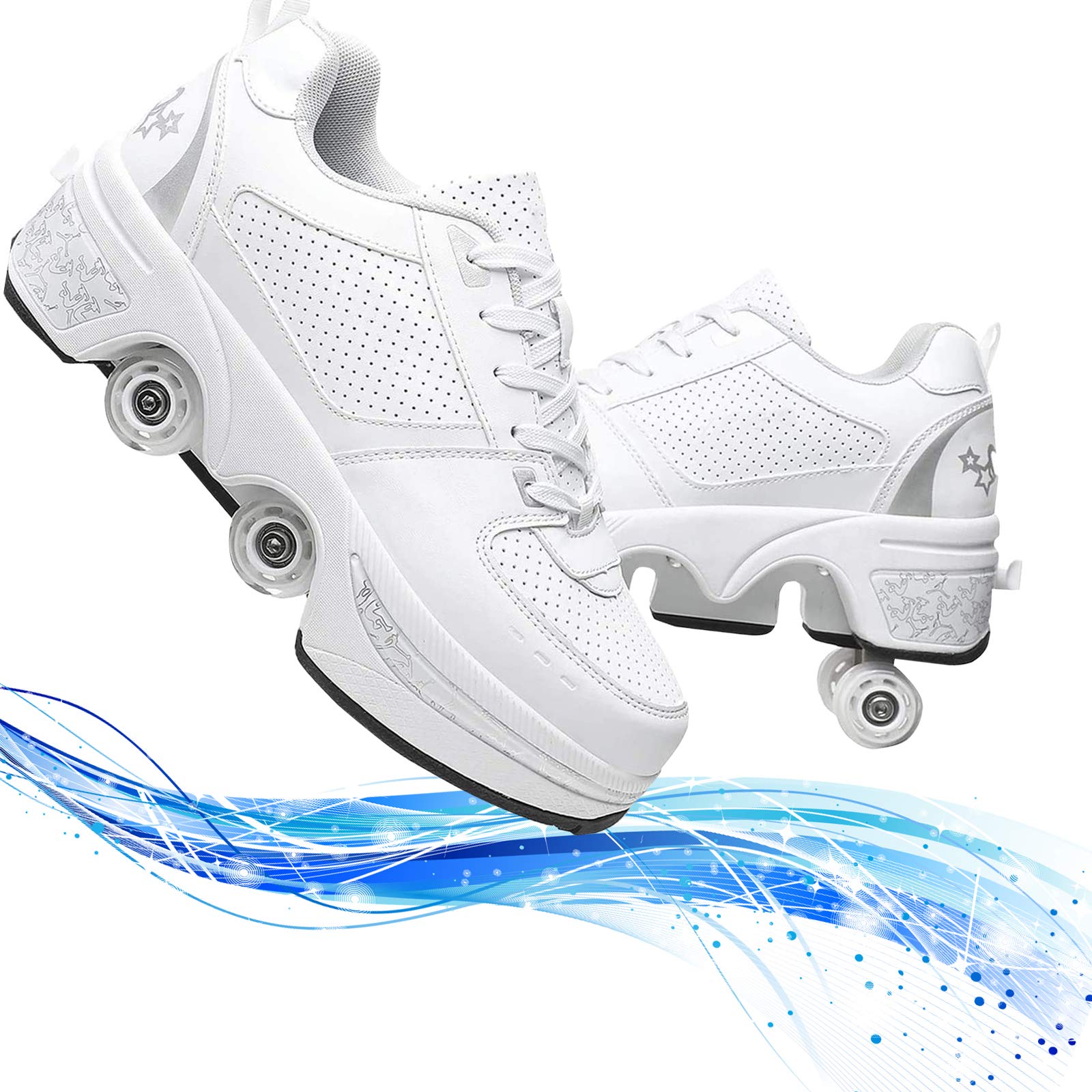 Chaussures à Roulettes LED Rétractables Pour Enfants – Sneakers Roller 2 En 1 Avec Lumière, Basket Sport & Patins Cachés, Blanc EUR 33