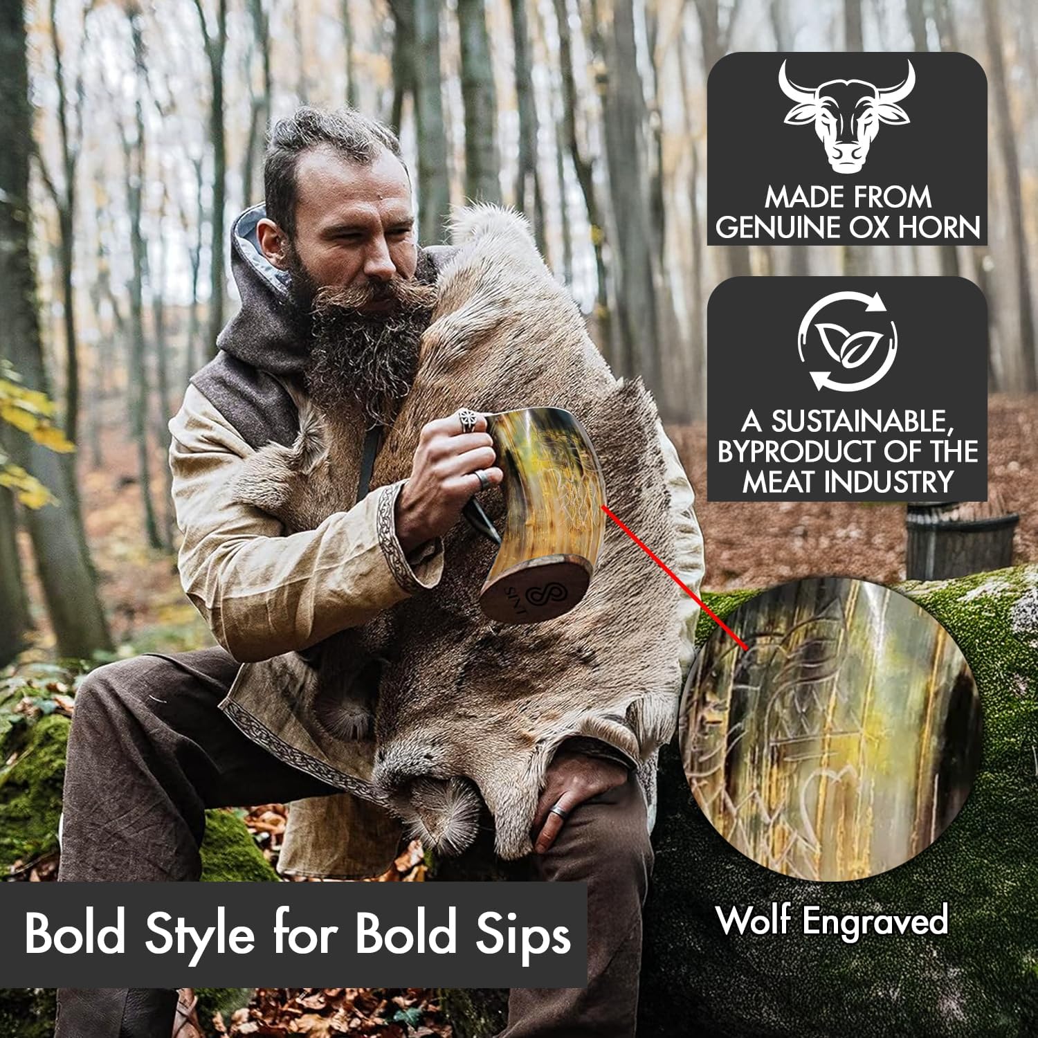 Viking Horn Mug With Gift Bag - Food Grade Medieval Style Man's Beer & Mead Cup (The Wolf/Fenrir-Engraved Natural)