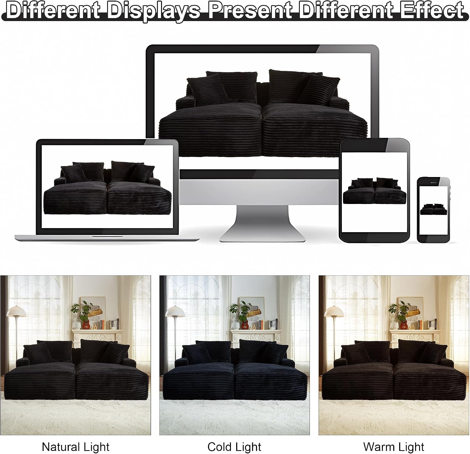 Oversized Double Chaise Lounge Chair Indoor, 78.8" Boneless Loveseat with Pillows & Armrest, Corduroy Sleeper Sofa Bed with Deep Seat, Comfy Cloud Couches for Living Room, Black