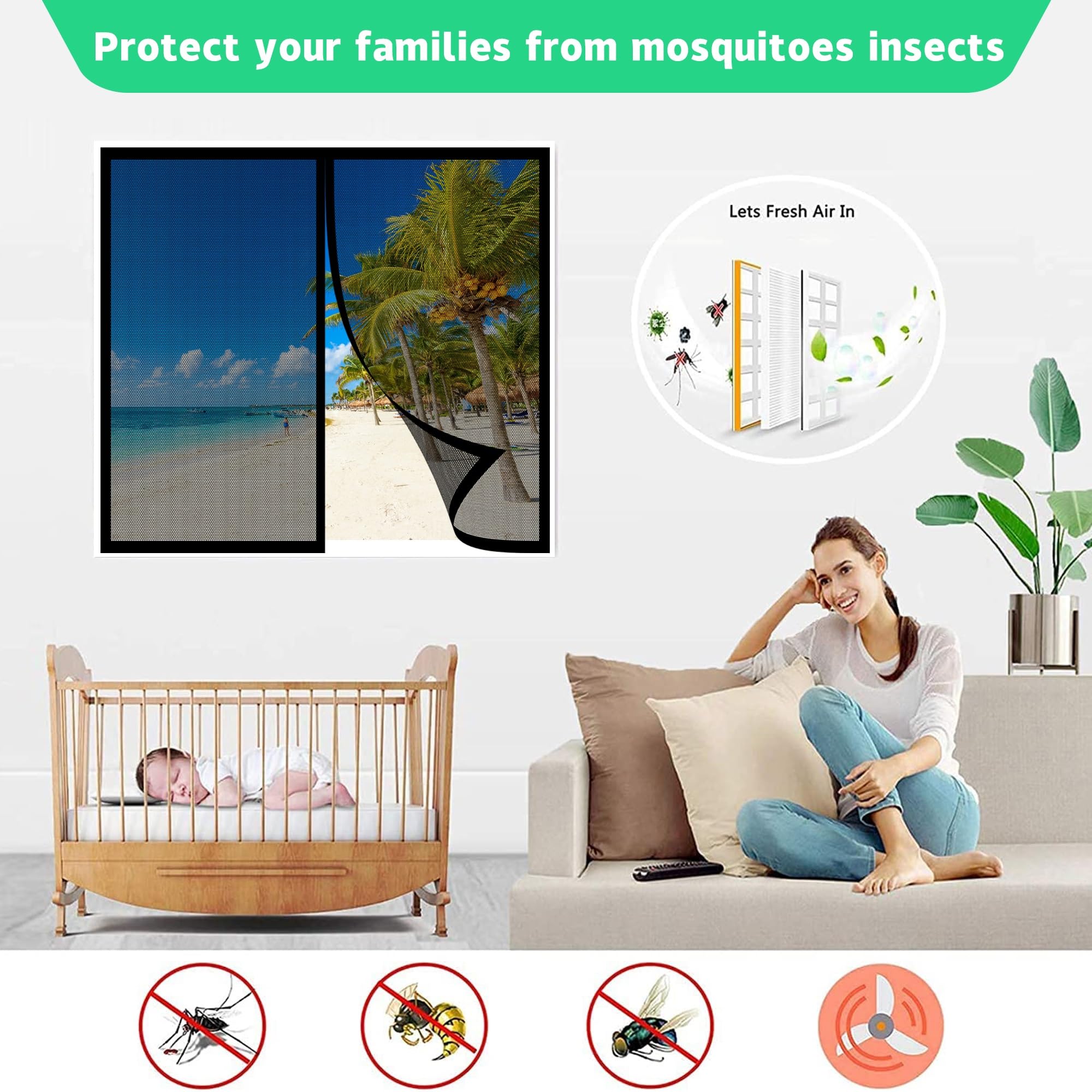 Fliegennetz Fenster Magnet 220 x 205 cm, Insektenschutz Insektenschutzgitter Terrassentür, Magnetische Adsorption für Alle Arten von Fenstern, Schwarz