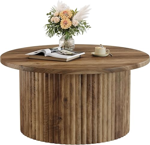 Miniatura 8 de Tribesigns Mesa de centro redonda de 31.5 pulgadas, mesa central circular de granja con base de tambor acanalada y parte superior de chapa de grano