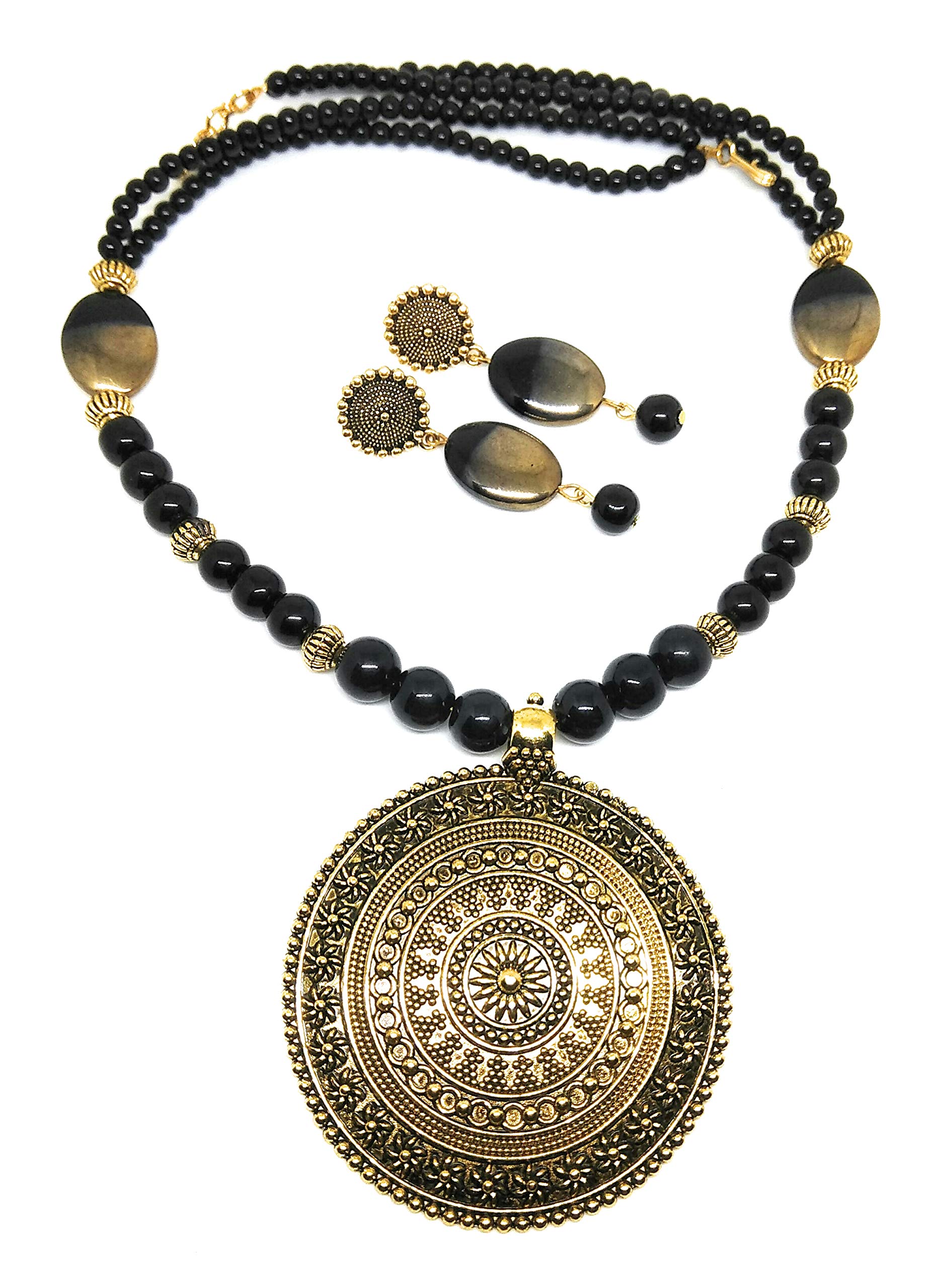 Glitz n Glamor Designer oxidised Gold Black Beads Necklace with Big Pendant and Matching Earrings, (B07YDB2RWJ) Amazon Price History, Amazon Price Tracker