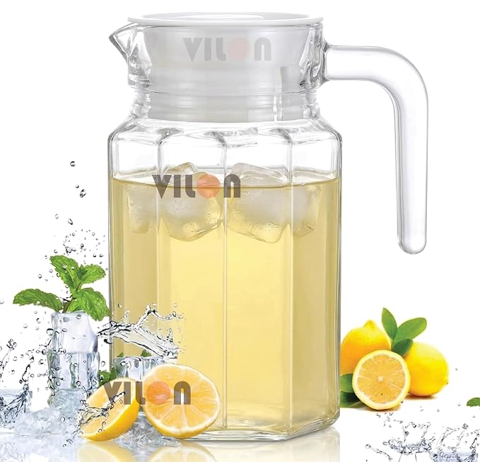 Vilon 500 ml(0.5L) Glass Jug with Leak-Proof Lid & Handle – Elegant Transparent Pitcher for Water, Juice, Milk, Chaas & Cocktails (500ML Hexa JUG)