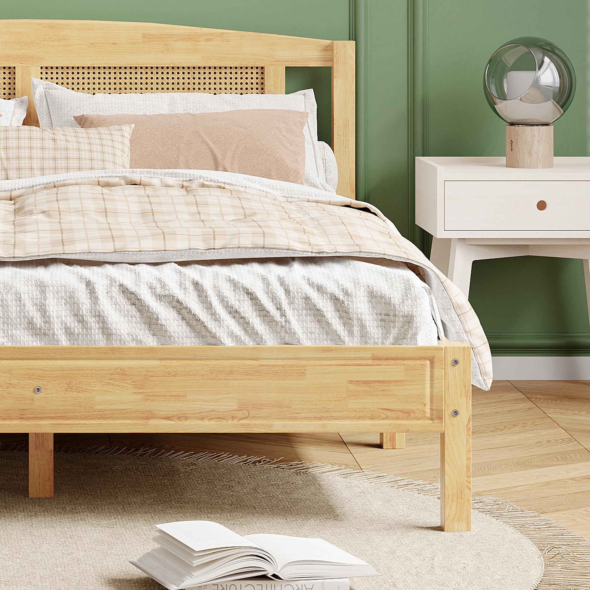 Soweiz Letto matrimoniale, in rattan, per adulti, 160 x 200 cm, con 15 doghe e piedi centrali, pino + rattan sintetico, colore: naturale