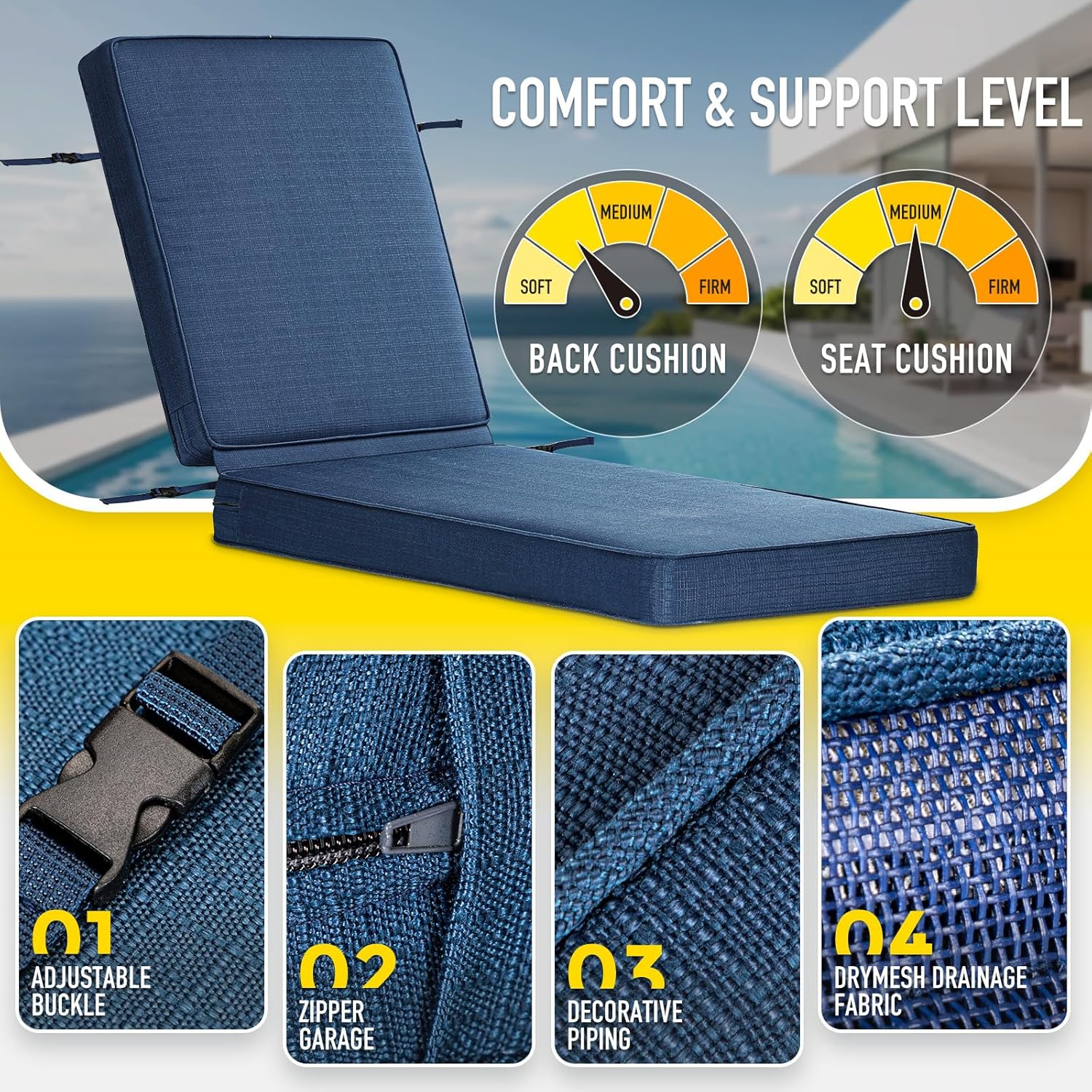 SUNROX All-Weather Fade-Resistant Lounge Chair Cushions DryFast Foam Chaise Lounge Cushions for Outdoor Furniture Patio Pool Lounge Chaise Cushions with Adjustable Straps 73x22 Inch, Navy