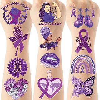 Domestic Violence Awareness Temporary Tattoos - 200+ Purple Ribbon Awareness Tattoo Decorations, Charity Party Favors Supplies, Stickers for Event(8 Sheets)