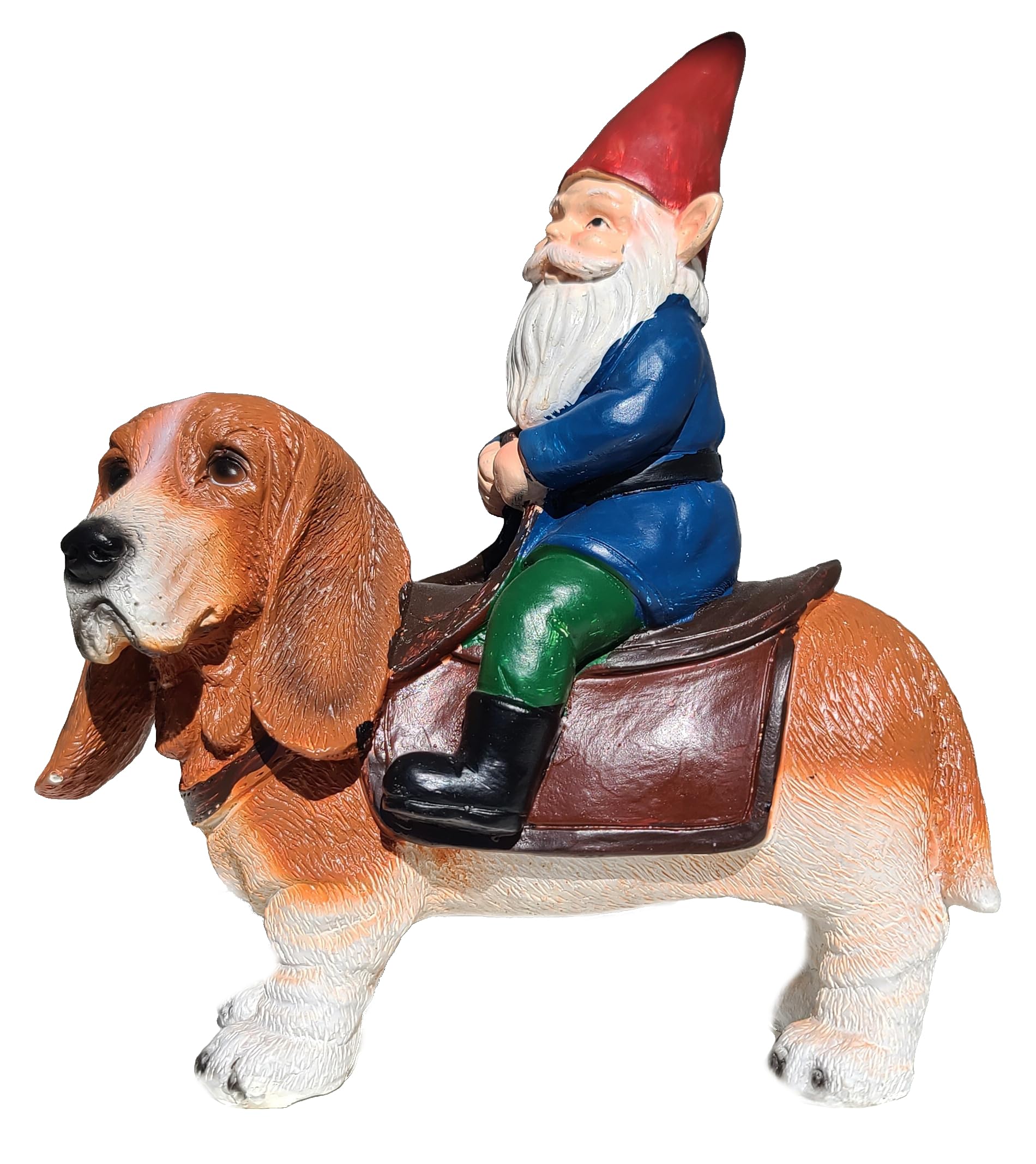 Funny Guy Mugs Gnome Riding A Basset Hound - Funny Garden Gnomes Gifts for Women - Garden Gnomes for Outdoors - Gifts for Dog Lovers - Indoor/Outdoor Garden Gnome Sculpture for Patio, Yard or Lawn