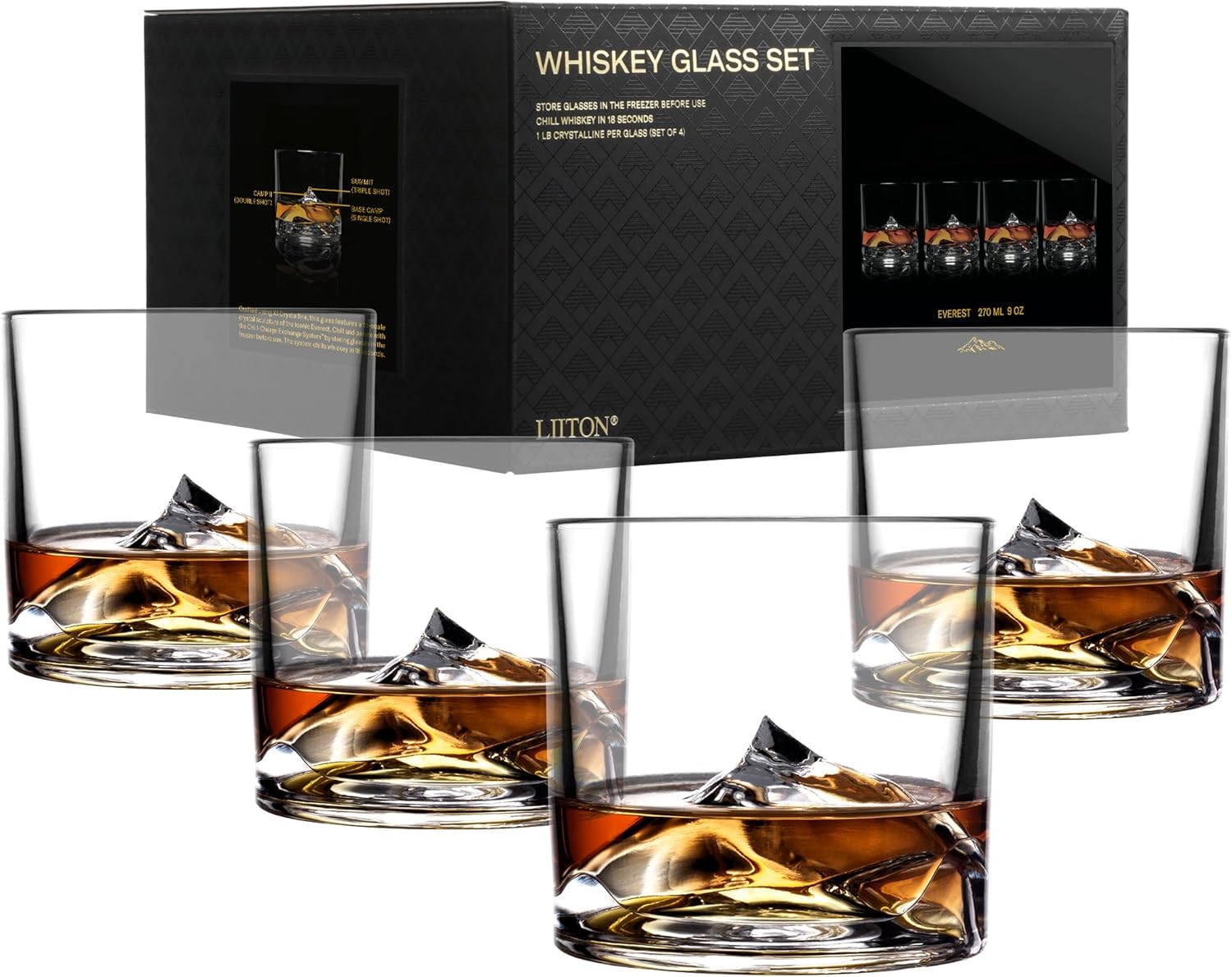 LIITON Mount Everest Heavy Crystal Whiskey Glasses Gift Set of 4, Thick Freezable Bourbon Glass 1lb Each, Premium Whiskey Gifts for Men, Frozen Crystal Chills Cocktails, 10 oz