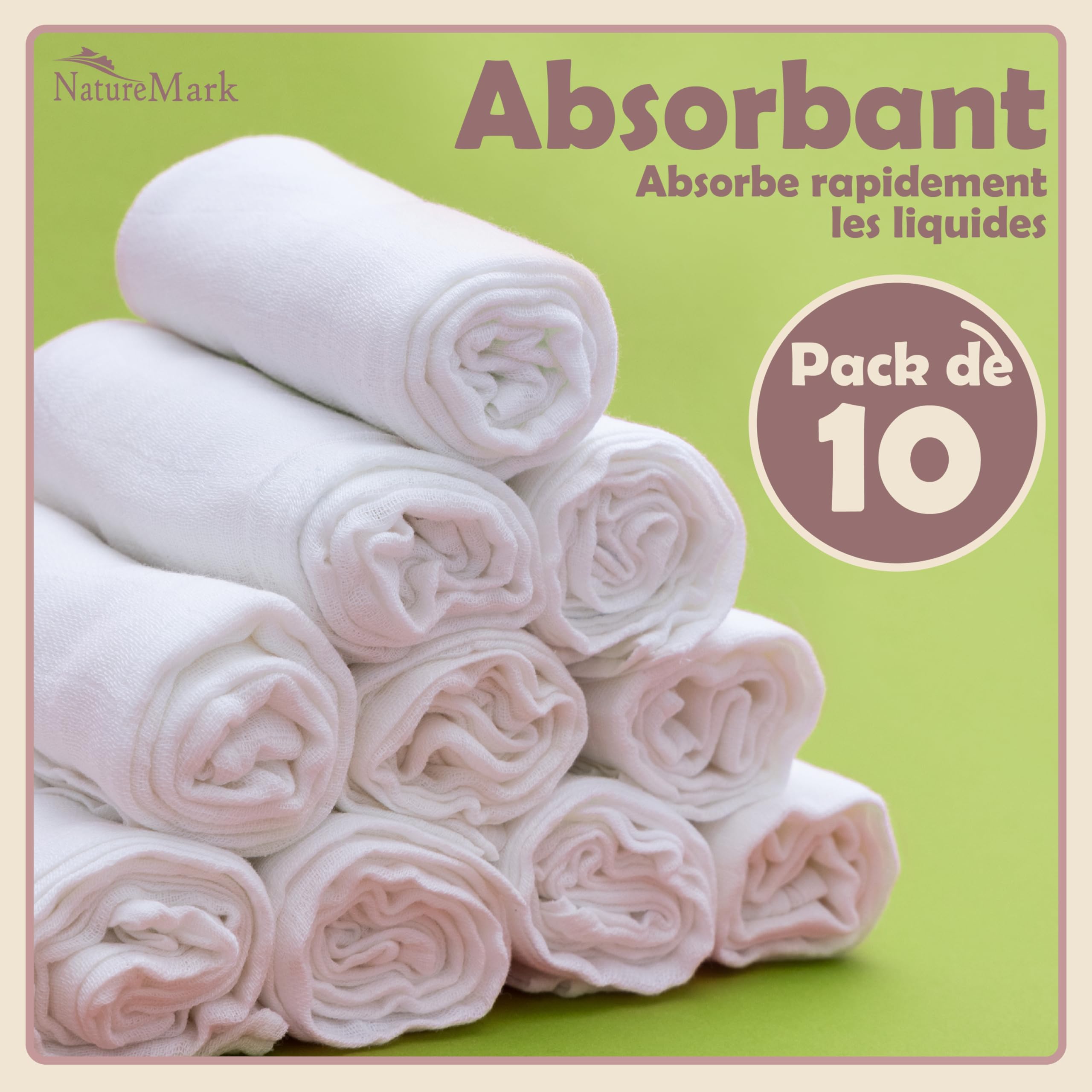 NatureMark Lot de 10 Linges en Mousseline pour Bébé – 100% Coton – Tissus Doux et Absorbants pour Allaitement & Soin du Bébé, Couches, Langes & Gants de Toilette – 70x70 cm, Blanc