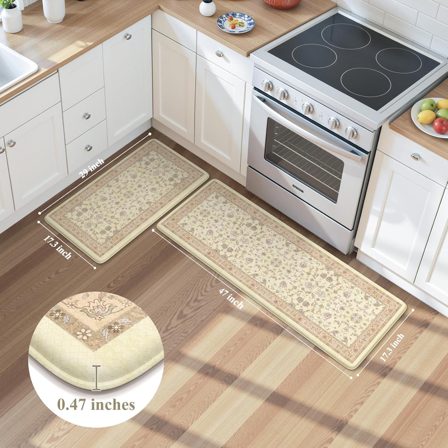 KIMODE Cushioned Padded Kitchen Mats for Floor,Anti Fatigue Memory Foam Kitchen Mat Waterproof,Boho Vintage Kitchen Rugs Sets of 2 Non Slip for Laundry Office Home Decor,Beige