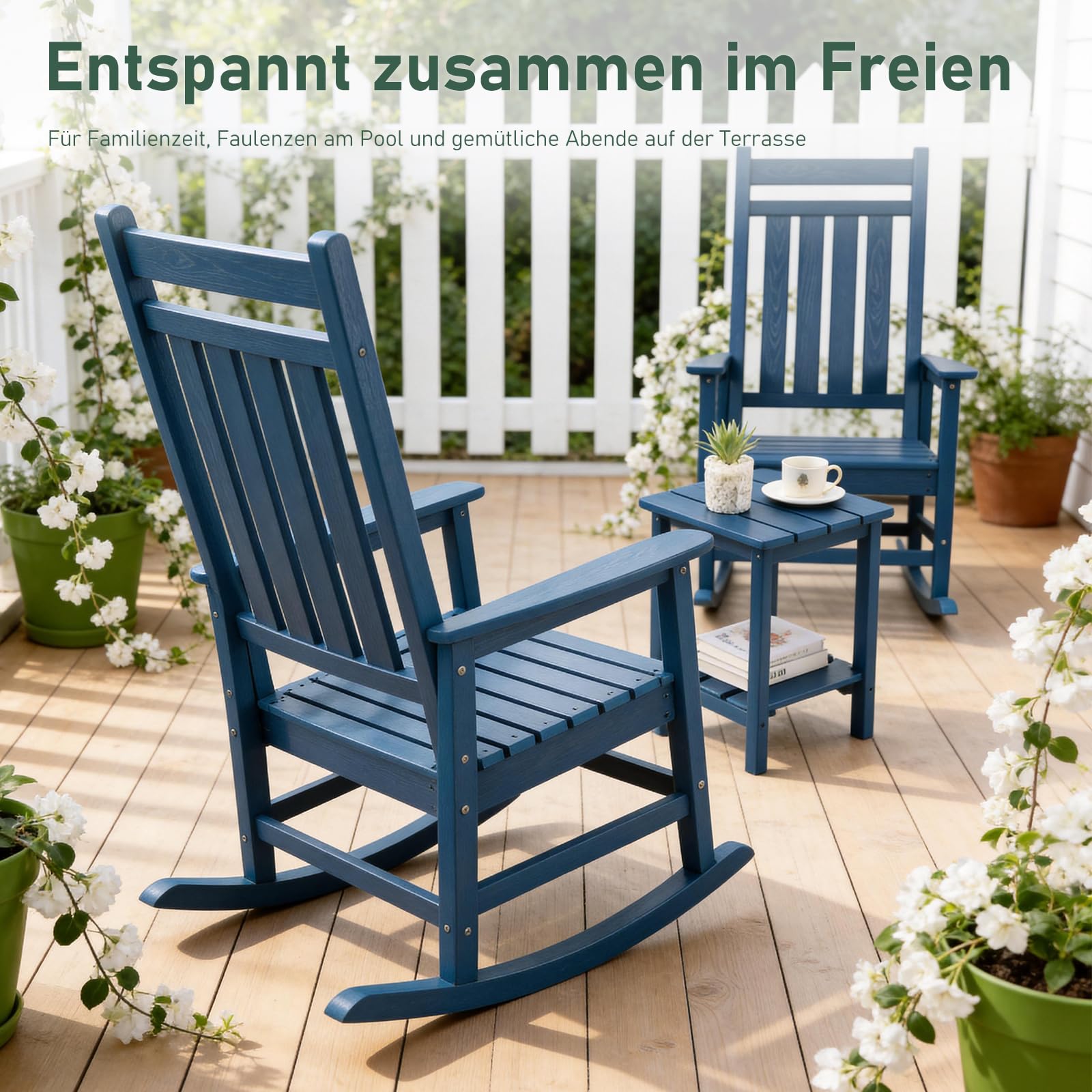 Schaukelstuhl Gartenstuhl für den Außenbereich, HDPE Schaukelstuhl für Erwachsene mit hoher Rückenlehne, Wetterfest, für Terrasse, Garten, Rasen, Veranda, Blau
