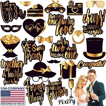 Wedding Photo Booth Props 24 Pieces, Black & Gold, Fun Photoshoot Party Selfie Accessories, Silly Group Picture Favors for Wedding Reception, Anniversary, Engagement, or Shower