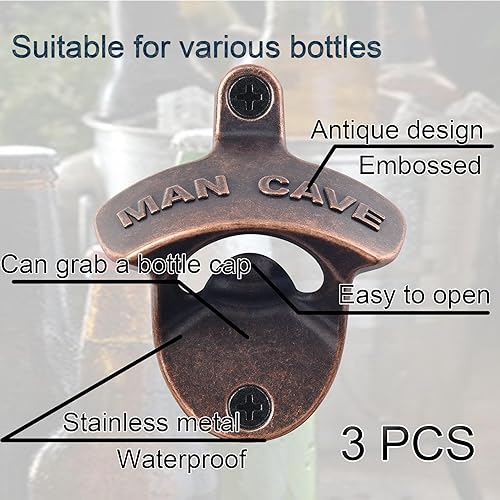 Miniatura 3 de Abridor magnético de tapas de botellas de montaje en pared con imanes, montaje en cobre antiguo a la pared, abrebotellas para cueva de hombre (3