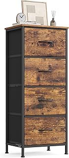 SONGMICS Cómoda, 4 Cajones de Tela, Acero, MDF, Tela no Tejida, para Dormitorio, Armario, Pasillo, Salón, Marrón Rústico y Negro Tinta LGS314BH04
