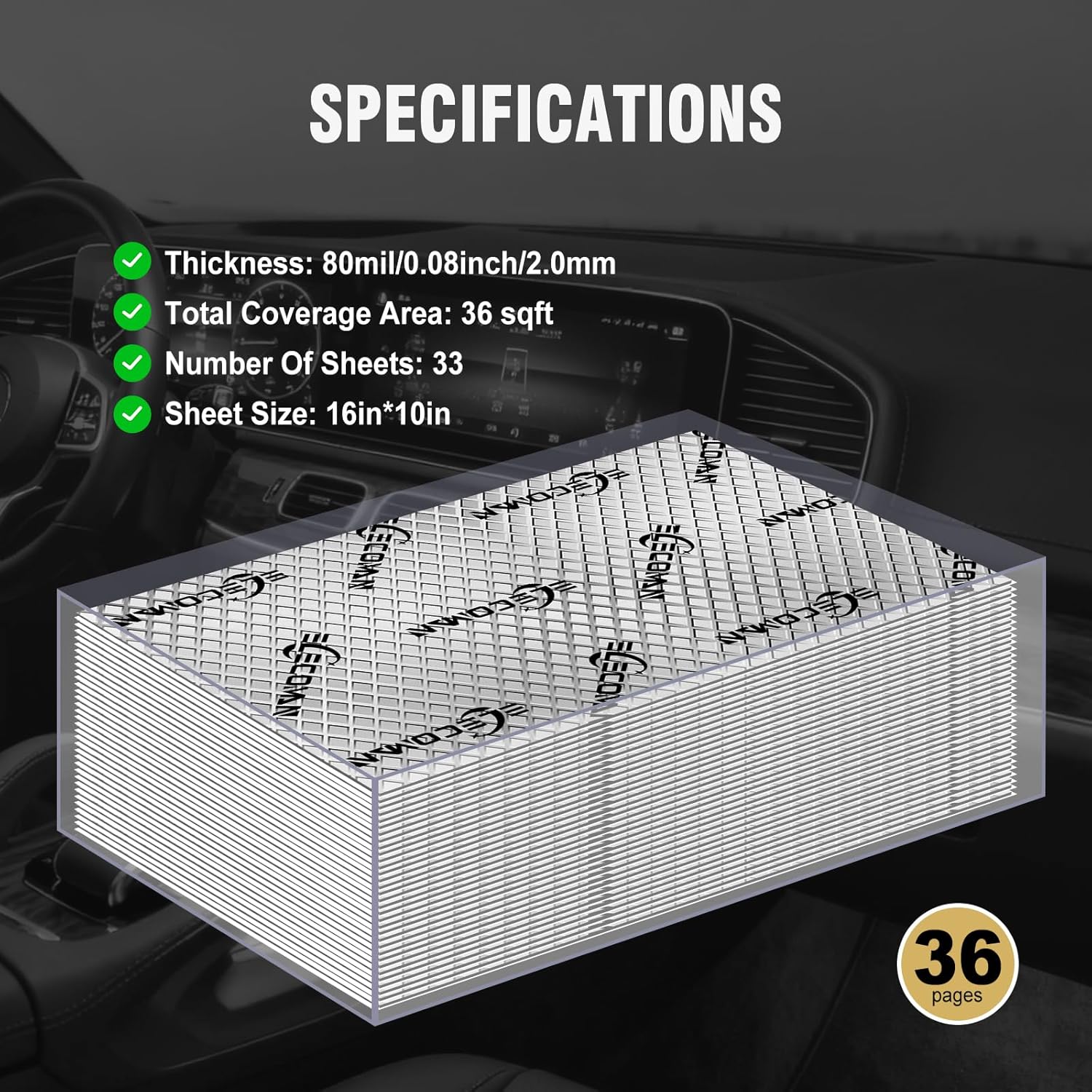 Car Sound Deadening Mat-80 mil 36 sqft Sound Deading Material - Butyl Automotive Sound Deadener, Audio Noise Insulation and Vibration Dampening