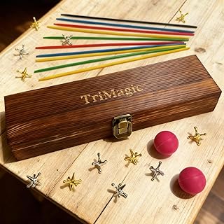 TriMagic Metal Jacks Game and Pick Up Sticks Set in Wooden Gift Box, 2-in-1 Classic Retro Vintage Games Nostalgic Old School Toy for Family, 12 Jacks, 2 Rubber Balls, 41 Colored Sticks