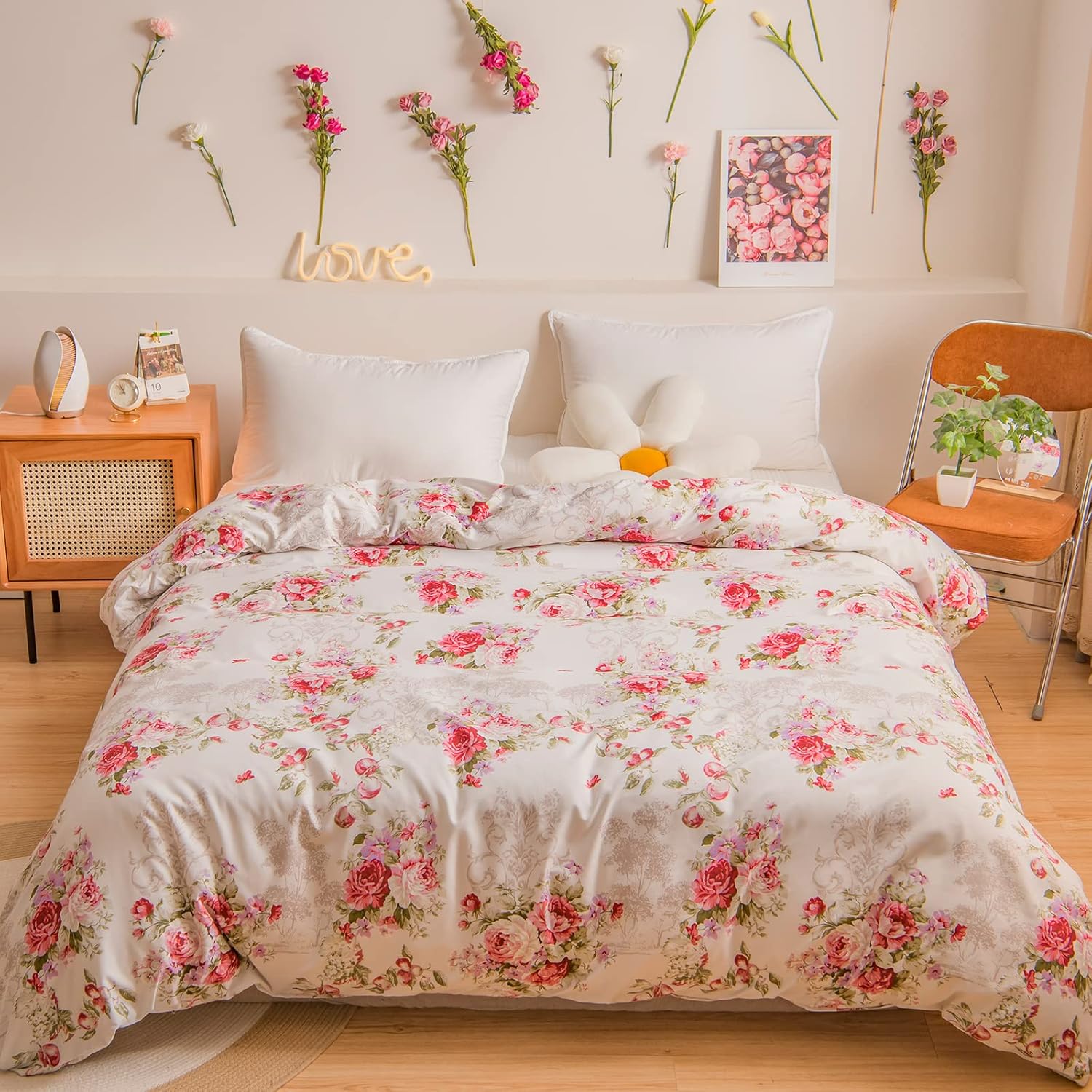 Rose Floral Duvet Cover Only French Country Bedding Comforter Cover Pink Peony Branches Printed Shabby Chic Romantic Bedding King Duvet Cover with Zipper Closure(No Comforter, King)