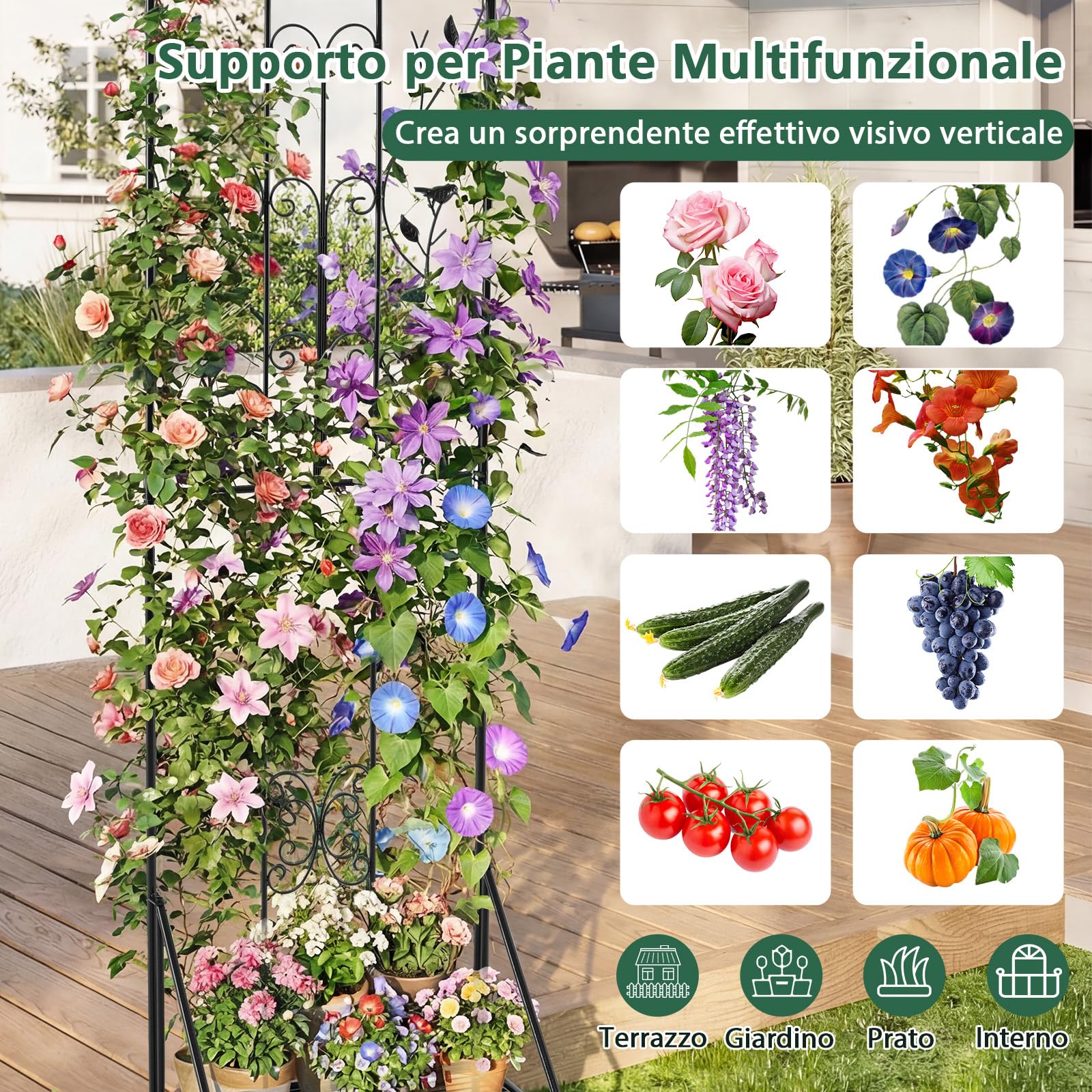 COSTWAY Traliccio per Rampicanti Metallo con Ripiano Pieghevole, Graticcio per Piante da Esterno, Griglia per Piante Rampicanti per Giardino, Cortile e Patio, 50 x 30 x 189,5 cm (Nero,1)
