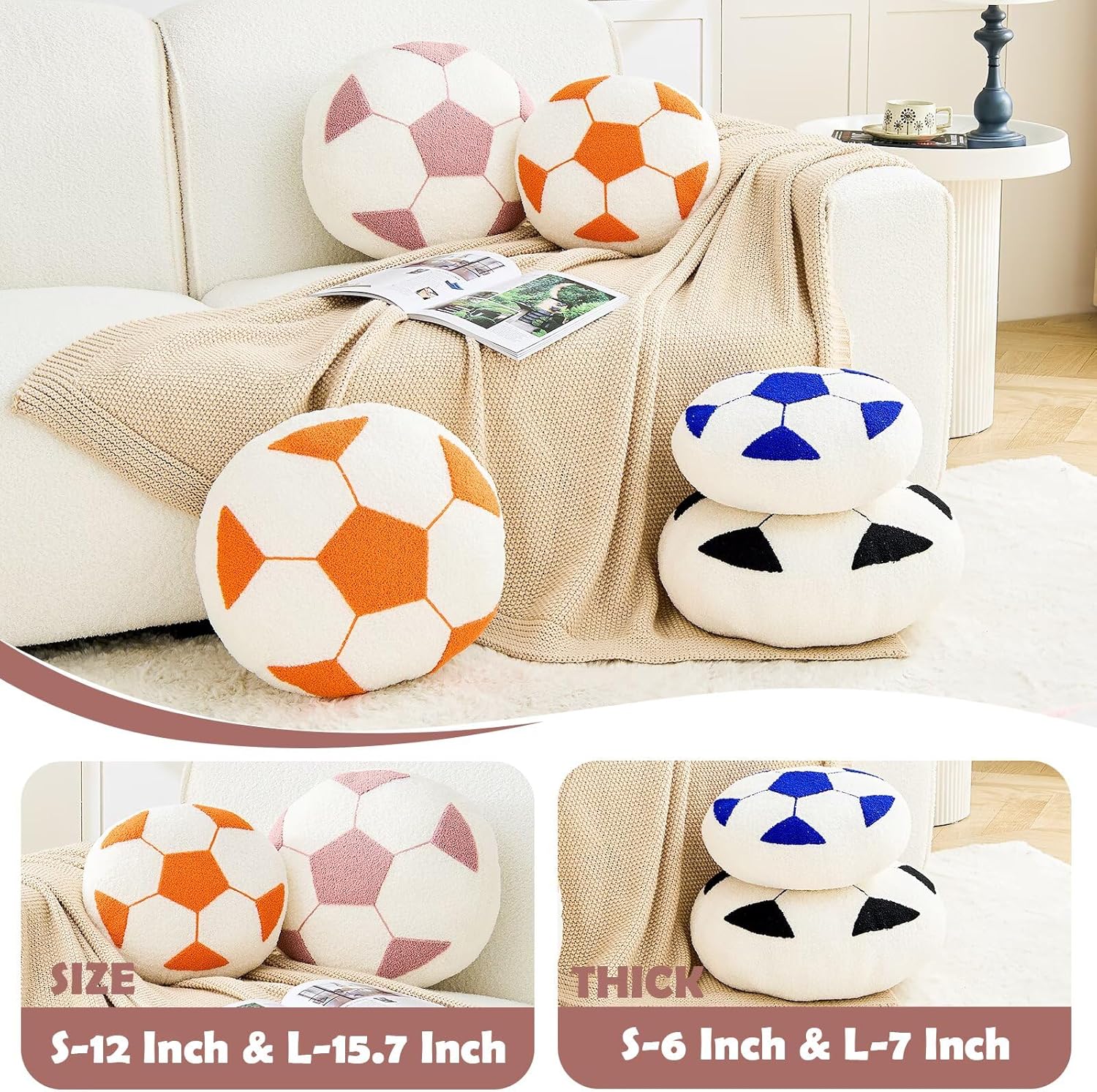 Uvvyui Soccer Pillow Football Throw Pillows Round Shaped Decorative Pillow Aesthetic Room Decor Soccerball Plush Cushion for Couch Bedroom（Orange, 15.7 Inch）