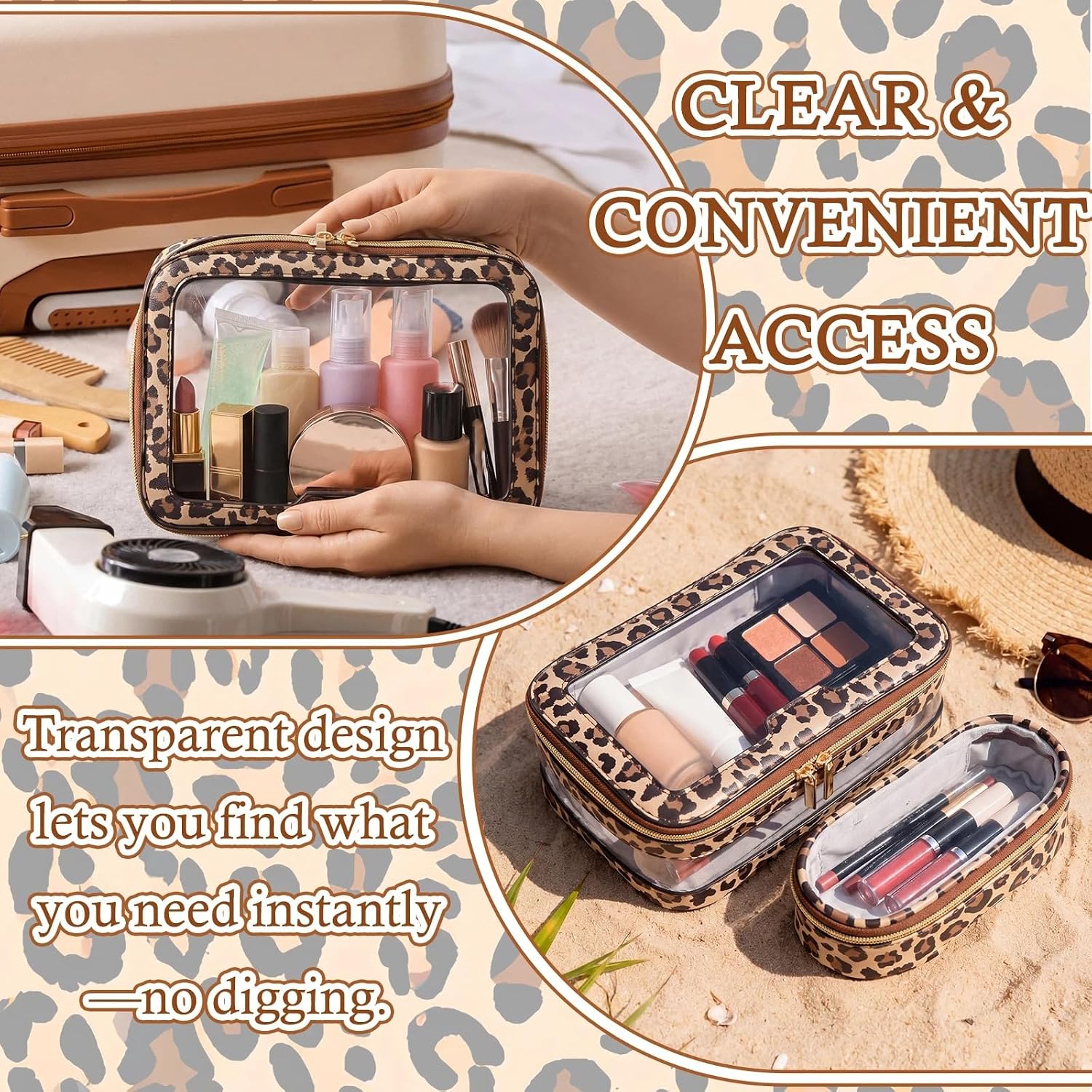 2 Pcs Cheetah Makeup Bags with Large Clear Travel Toiletry Bags with Leopard Makeup Brush Pouch Portable Waterproof Cosmetic Organizer Storage Case for Women