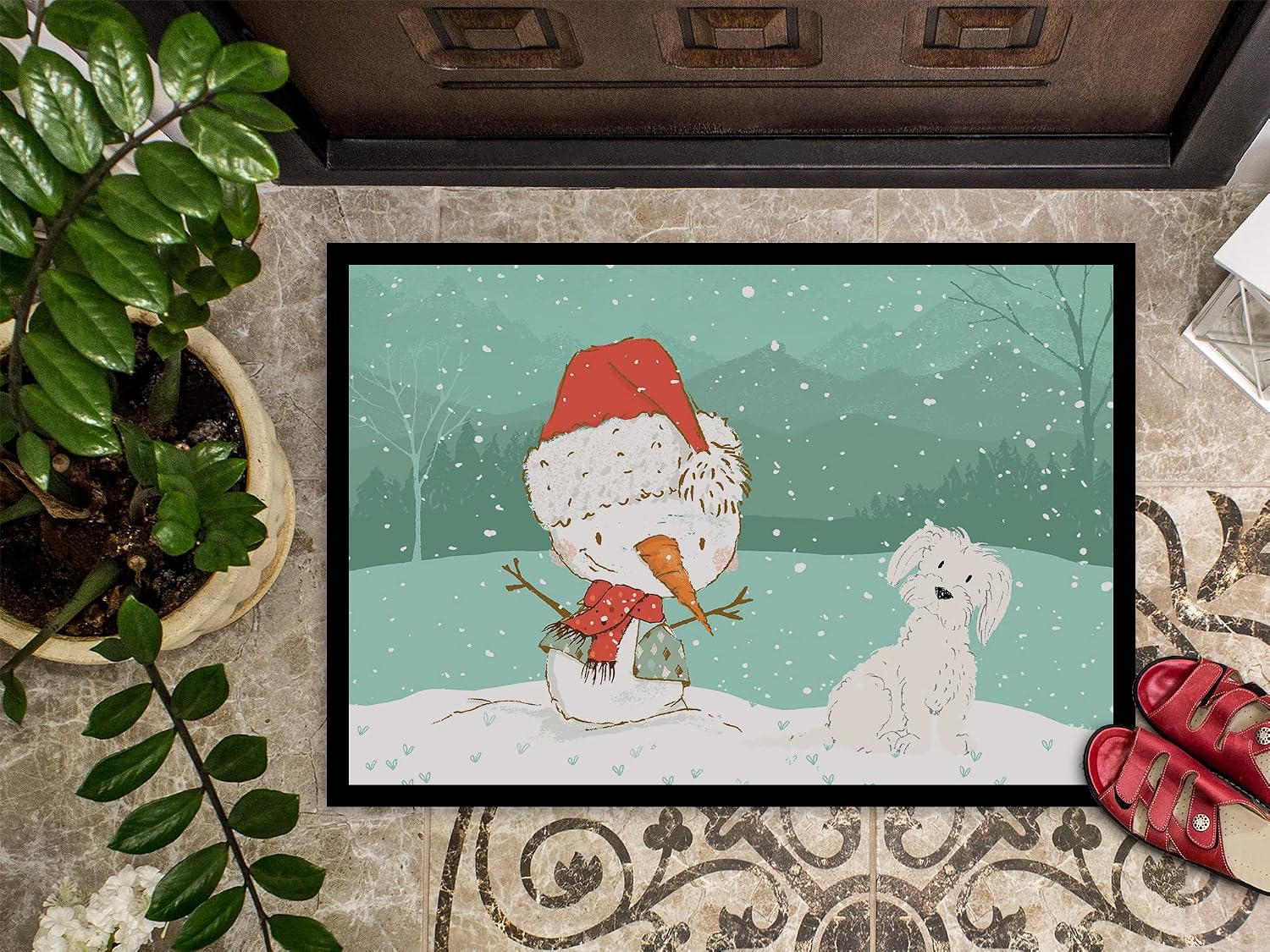 Caroline's Treasures CK2094MAT Maltese Snowman Christmas Doormat 18x27 Front Door Mat Indoor Outdoor Rugs for Entryway, Non Slip Washable Low Pile, 18H X 27W