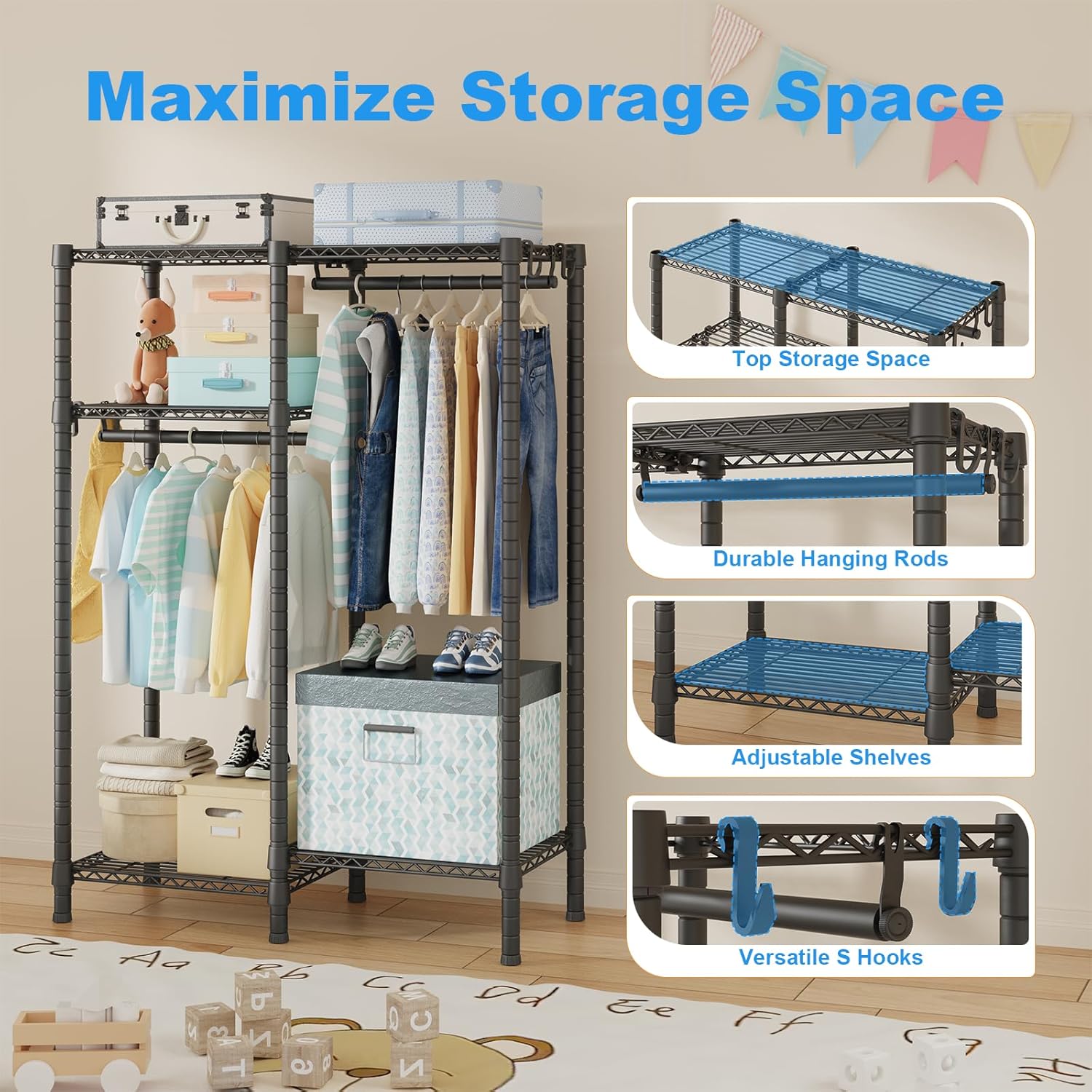 Ulif F1 Garment Rack for Kids, Baby, Students, and Children's Room, 4 Tiers Freestanding and Portable Heavy Duty Closets, Small Metal Clothes Rack with 2 Hanging Rod, 31.2" W x 11.8" D x 48" H, Black