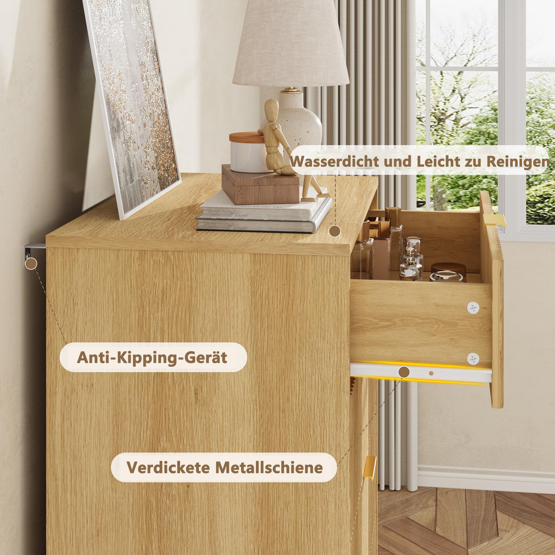Garvee Kommode Mit 5 Schubladen, Komodenschrank, Schubladenschrank, Wäschekommode, Für Schlafzimmer Möbel Für Wohnzimmer Büro Flur,Eiche,60 x 40 x 112 cm