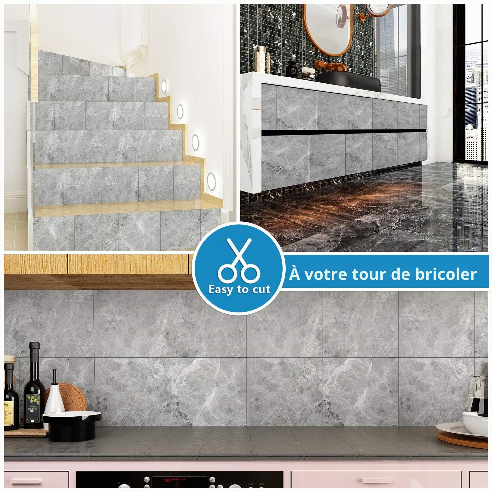 VEELIKE PVC Autocollant de Carrelage de Salle de Bain étanche pour Mur 30cm x 30cm Amovible Autocollant de Sol Effet Ciment Gris Auto-adhésif pour Dosseret de Cuisine étanche à l'huile 24 Pièces