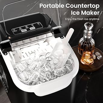 Countertop Ice Maker Machine 8 Bullet Ice in 6 Mins, 26.5lbs/24Hrs Output Self-Cleaning Portable Design with Selectable Ice Size & Touch Display for Home/Office/Bar