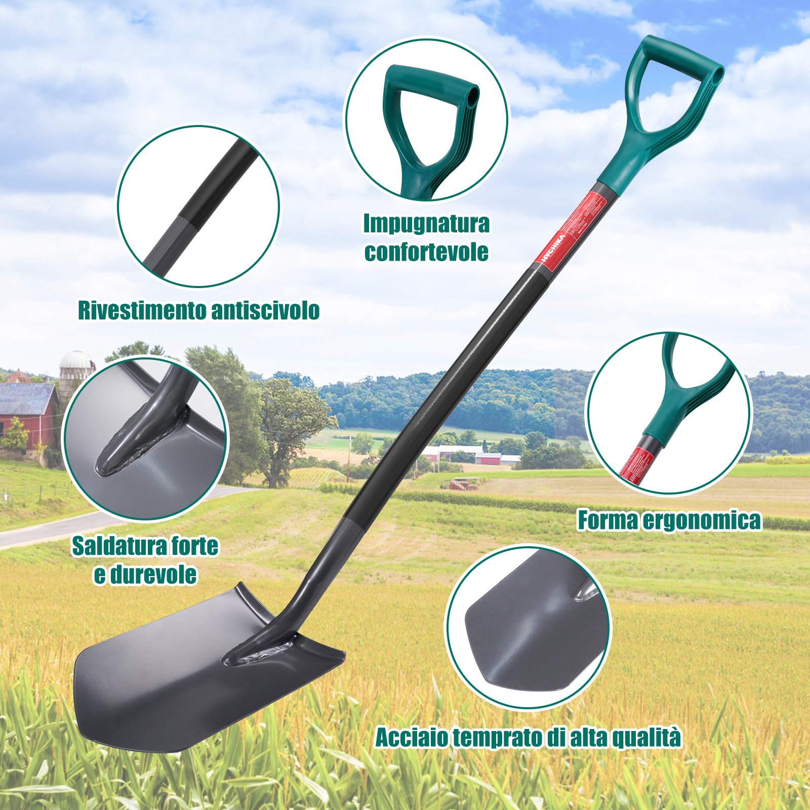 HYCHIKA Pala da Giardino Picco, Vanga da Giardinaggi, Pala da Scavo, Acciaio Temprato di Alta Qualità, Manico Ergonomico Impugnatura a D, per Piante, Agricola, Diserbo, Spalatura Neve