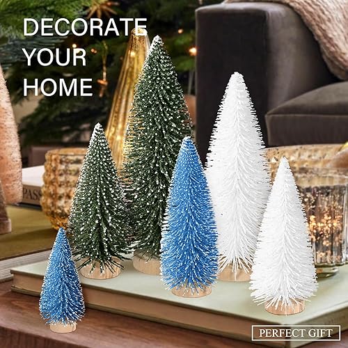 Miniatura 5 de Hatisan 6 piezas de mini árboles de Navidad, árboles de cepillo de botellas pequeñas con base de madera, árboles de Navidad artificiales para