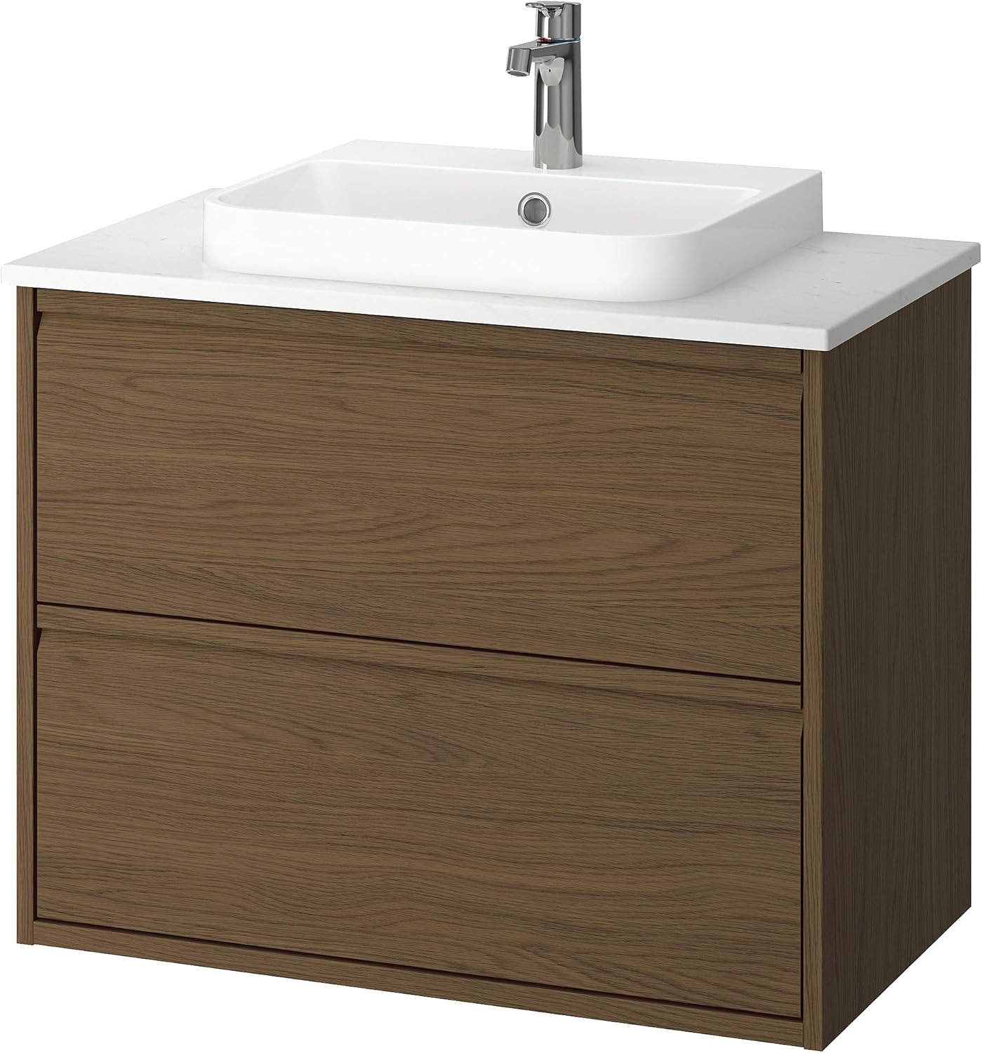 BACKSJÖN/ÄNGSJÖN Wash-stnd w drawers/wash-basin/tap, brown oak effect/white marble effect, 82x49x71 cm