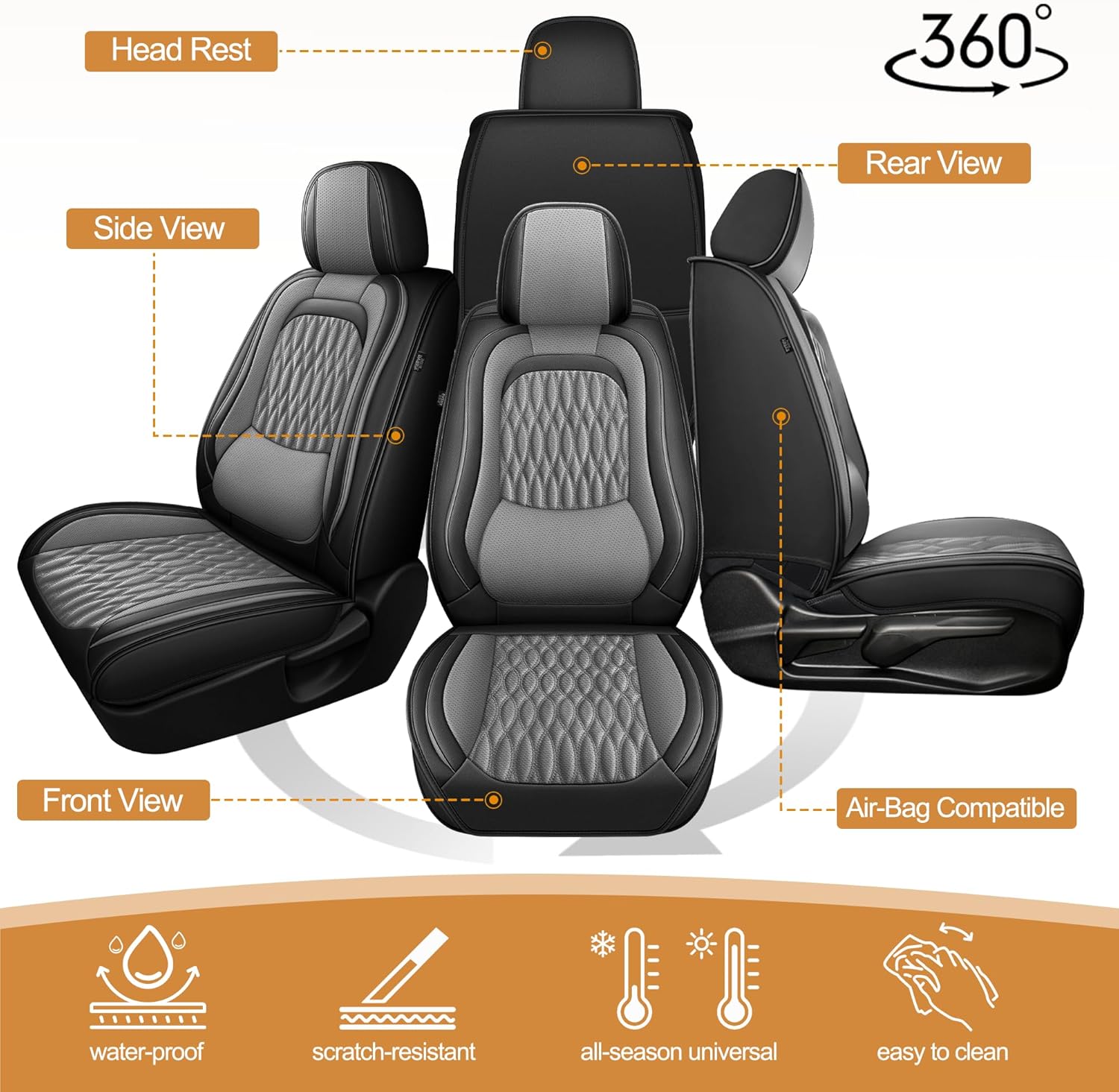 Front Car Seat Covers Fit for Jeep Gladiator Sport/Sport S/Overland/Rubicon/High Tide 2020-2026: Faux Leather Seat Covers-Car Seat Cushion Protector-Compatible with Airbag(2 Seats,Black&Grey)