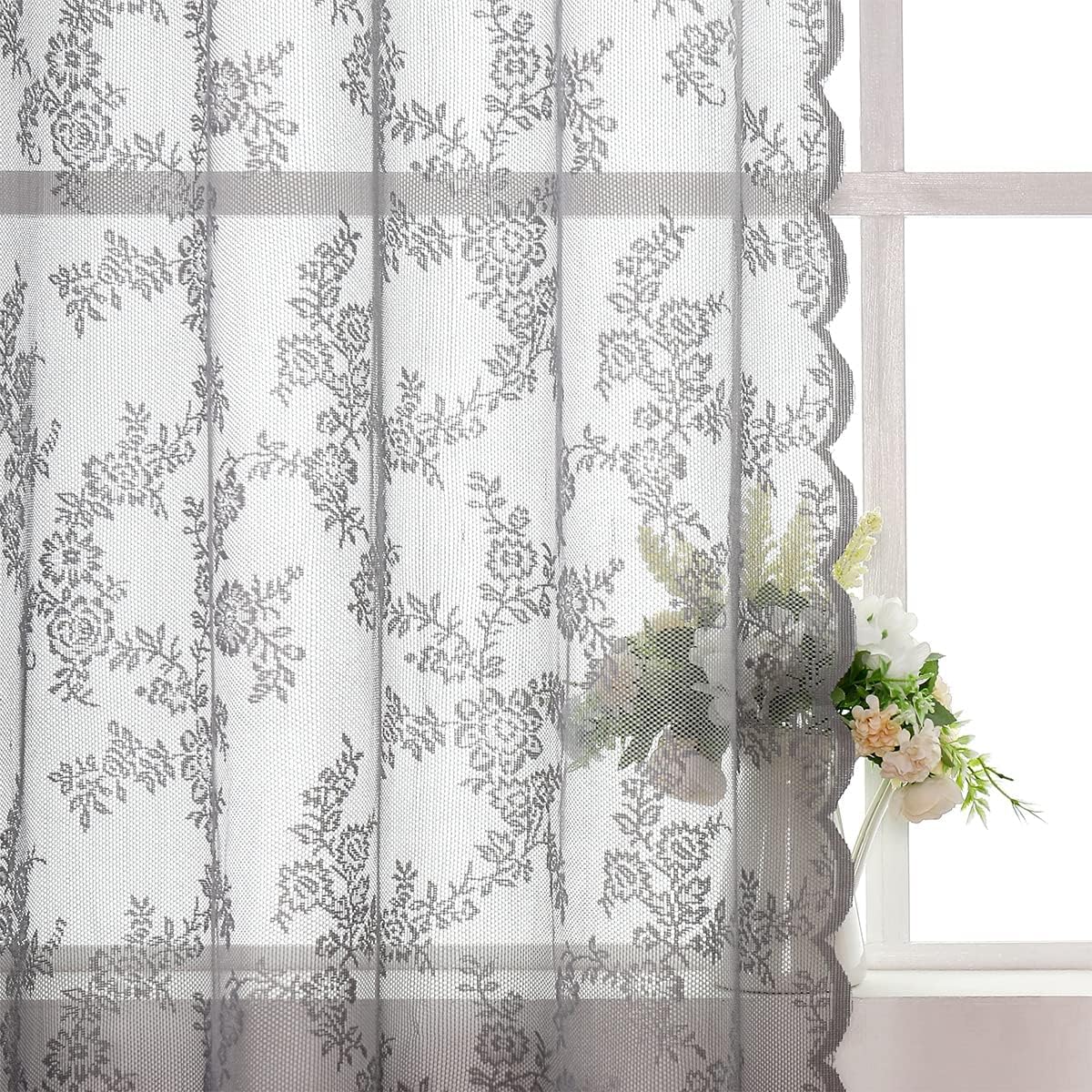 Lace Curtains 63 inch Length for KidsRoom Floral Knitted