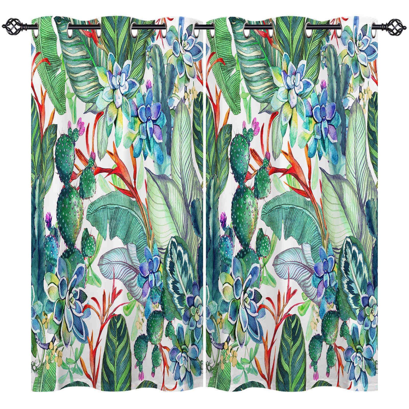 ANHOPE Cactus Curtains Eyelet Blackout Thermal Insulated Curtains Watercolor Tropical Leaf Plant Print Pattern Soft Soundproof Privacy Window Drapes for Bedroom Living Room 55 x 69 Inch 2 Panels — image 1
