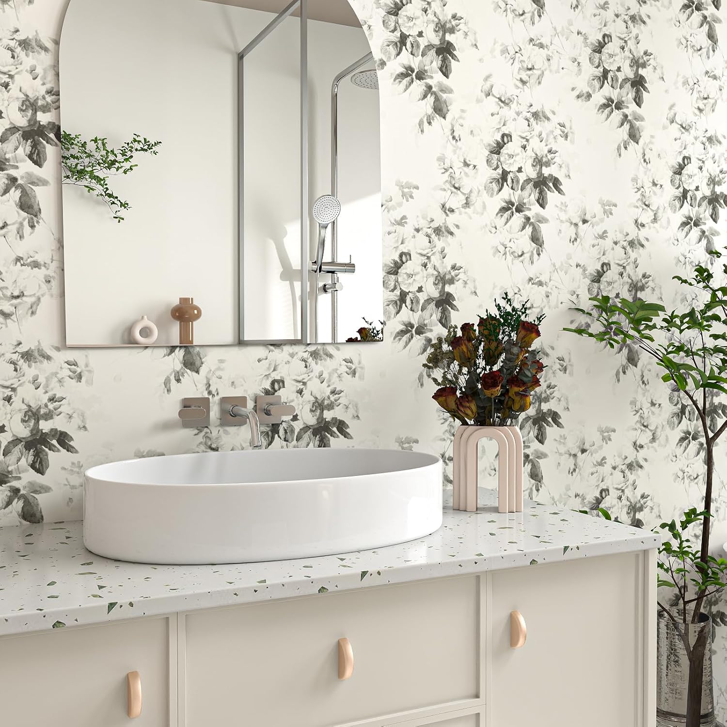 Gray Peel and Stick Wallpaper Floral Contact Paper for Cabinets Flower Vintage Removable Self-Adhesive Wallpaper for Bedroom Bathroom Modern Contact Paper for Walls Waterproof 393 In L 17.3 In W