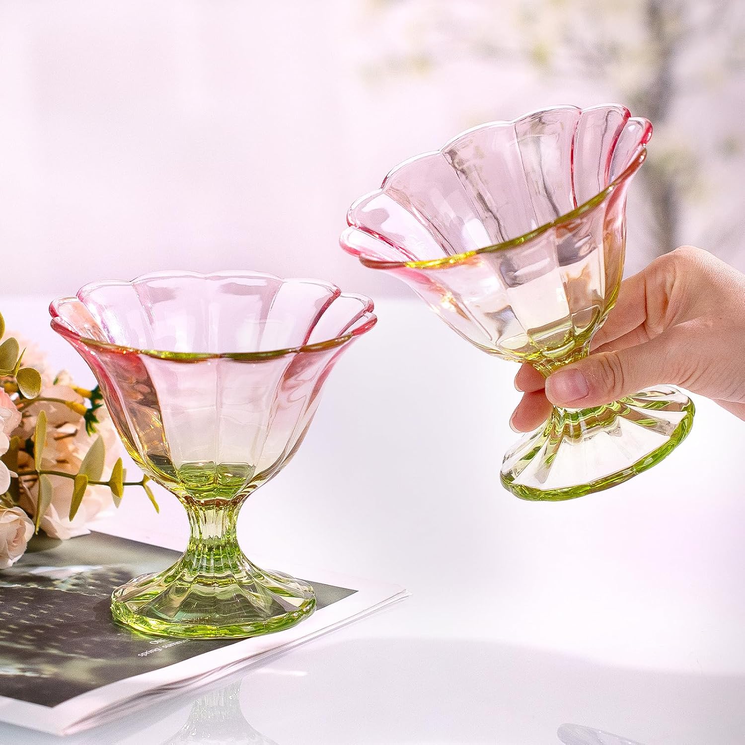 KAMMAK Dessert Cups Set of 2, Footed Glass Bowls for Ice Cream, OJ016